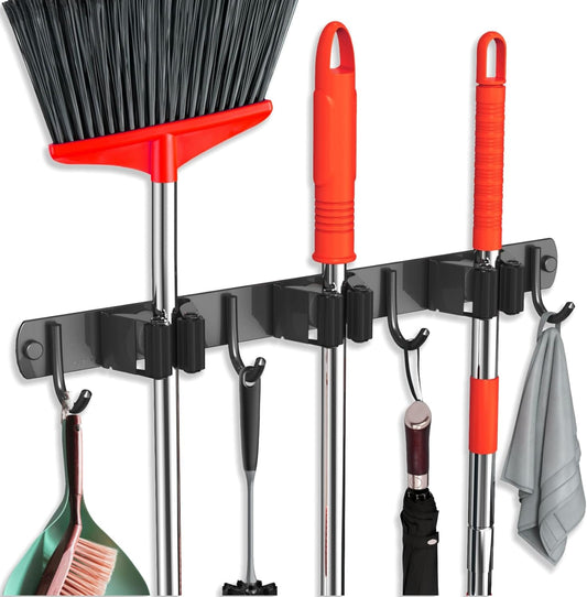 Mop and Broom Holder Wall Mount, Upgraded Broom Hanger Wall Mount, Stainless Steel Broom Organizer for Closet Garage Laundry Room Kitchen Wall Decor(3Racks 4Hooks Black)