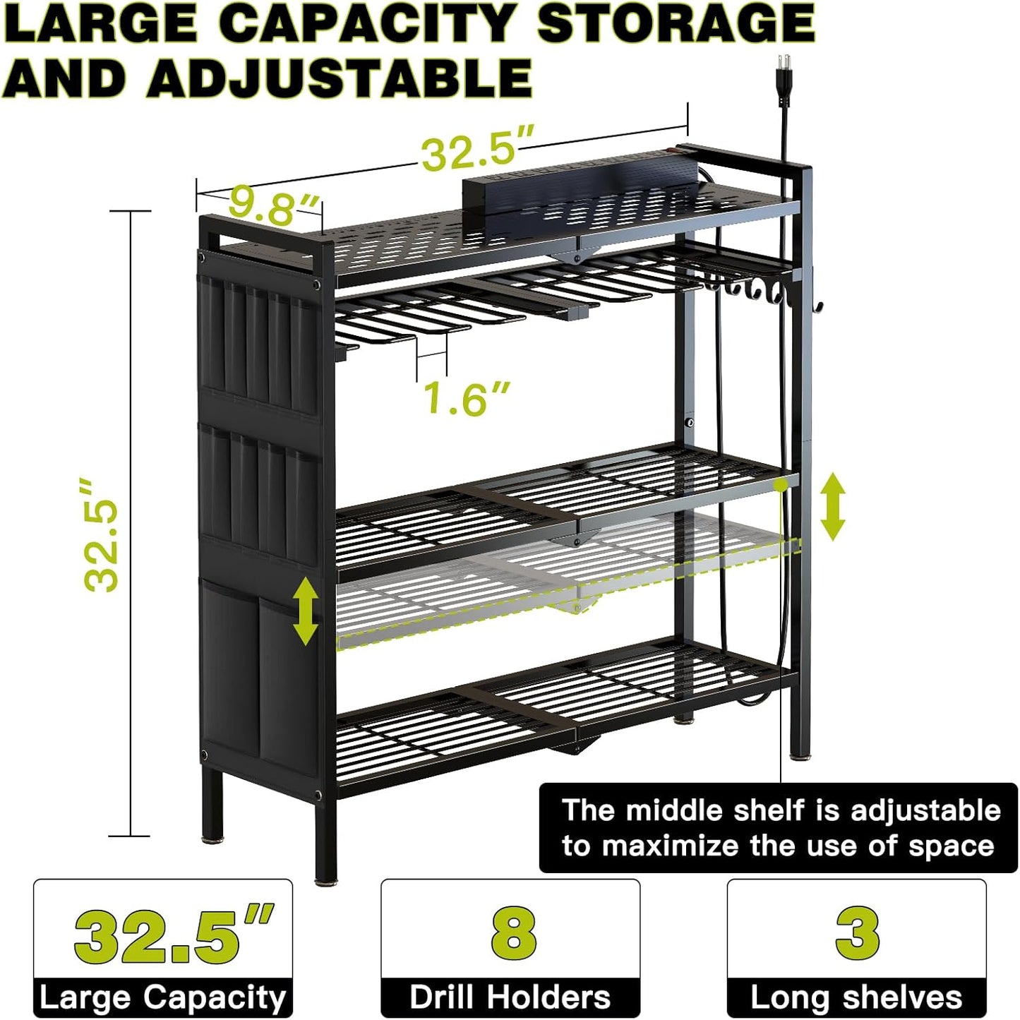 Large Power Tool Organizer Cart with Charging Station 8 Drill Holder Garage Storage Standing Heavy Duty and Stability Storage Rack Utility Tool Shelf (Black)