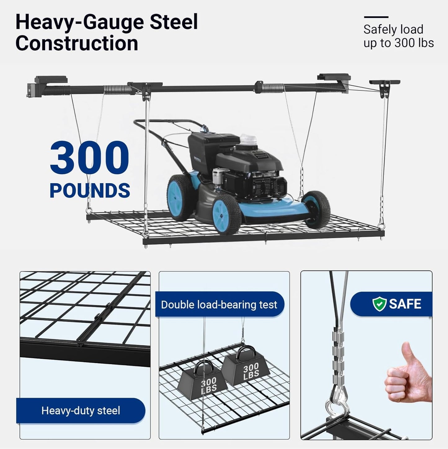FLEXIMOUNTS GL1 Overhead Garage Lifting Storage Rack, 4x4 Ft Heavy-Duty Metal Garage Ceiling Rack, Adjustable Organization System With 71''L Axle, 300lbs Weight, Black