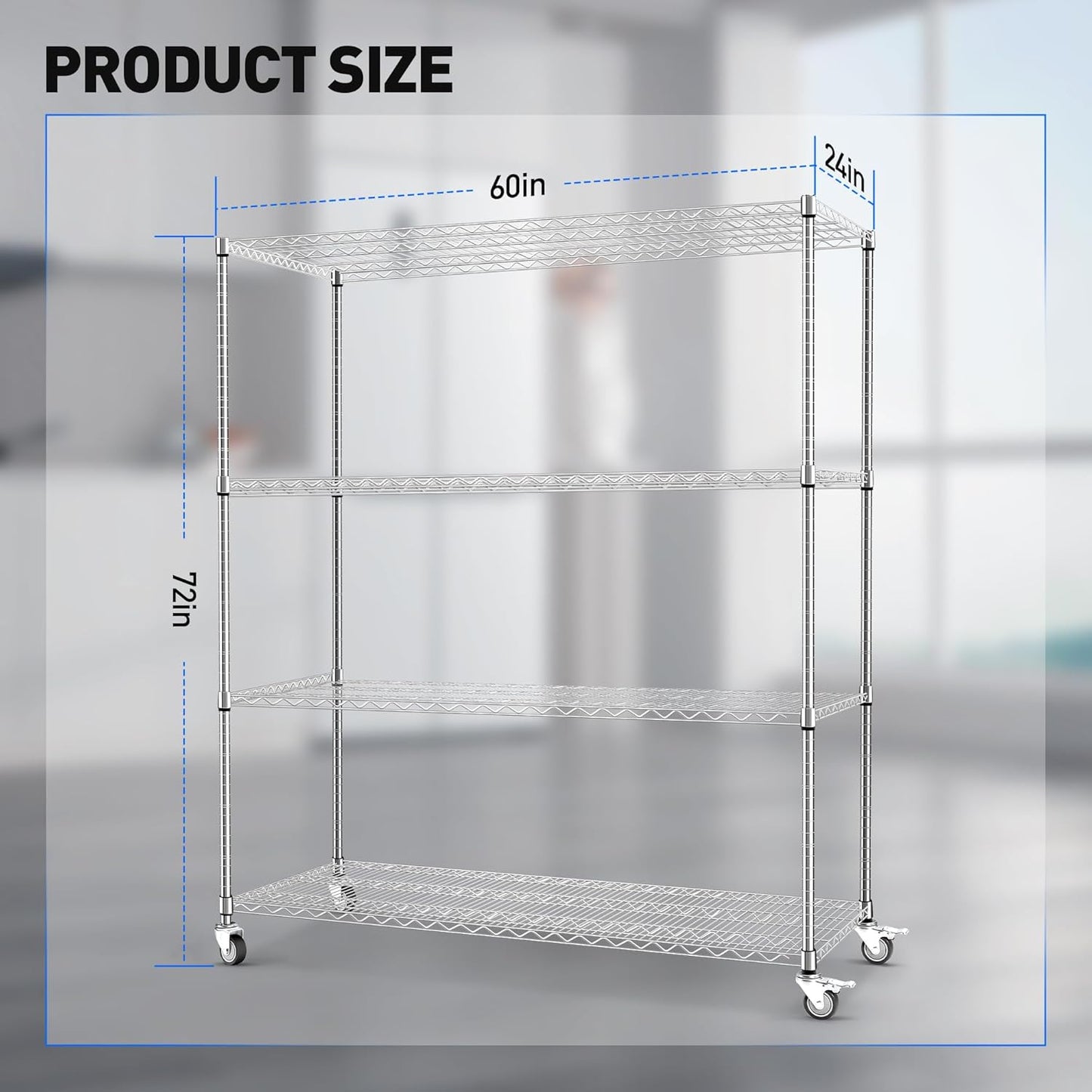 Rengue Wire Shelving with Wheels, 60"x 24"x72" Metal Storage Shelves, 4-Tier Heavy Duty Garage Storage Shelves, Chrome 2400LBS Capacity Wire Shelf Rack for Restaurant, Garage, Pantry, Kitchen