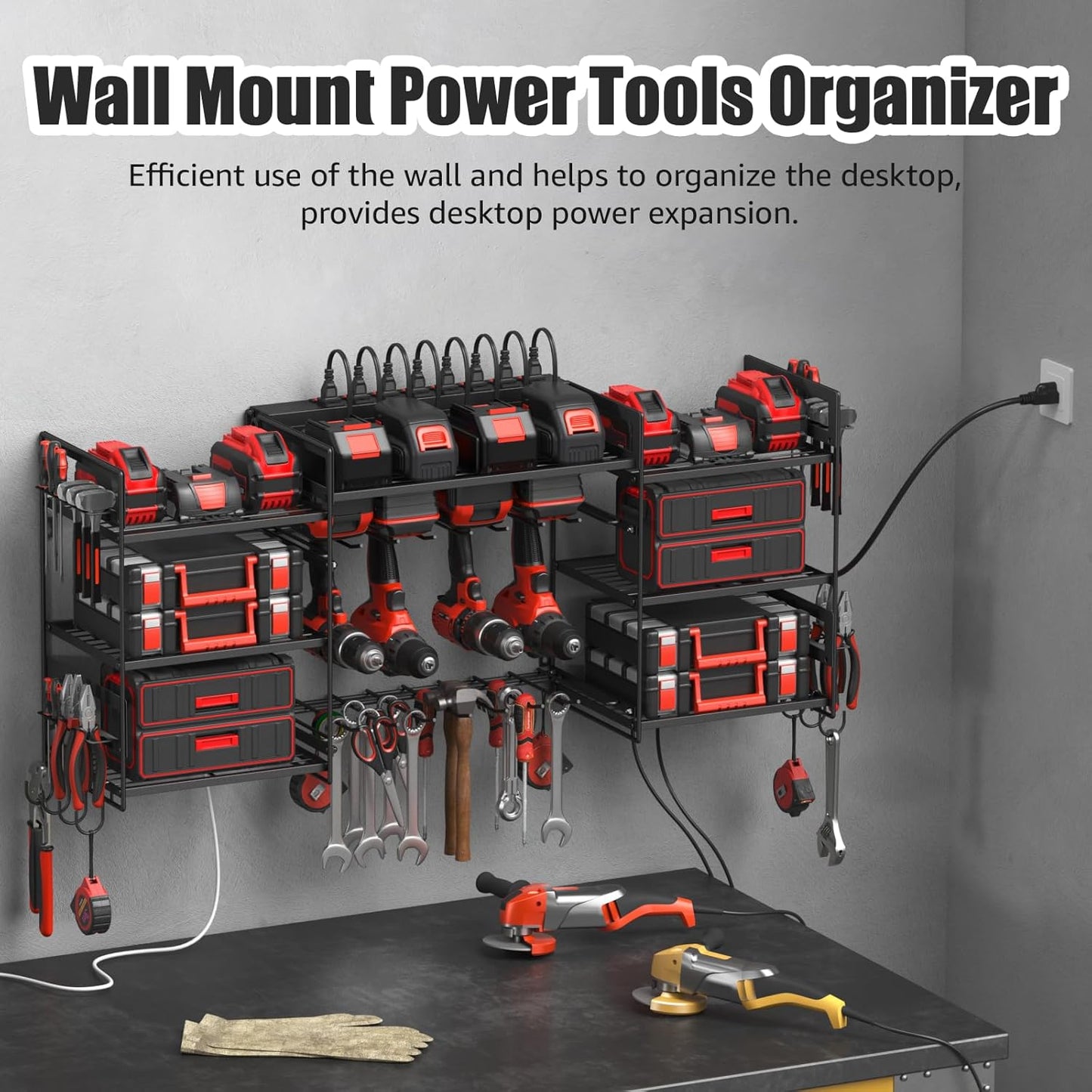 CCCEI Black Power Tool Organizer Wall Mount, Large Tools and Battery Storage Rack Charging Station Individual Switches. Drills Holder, Garage Utility Shelves with 6FT Power Strip. Gift for Men.