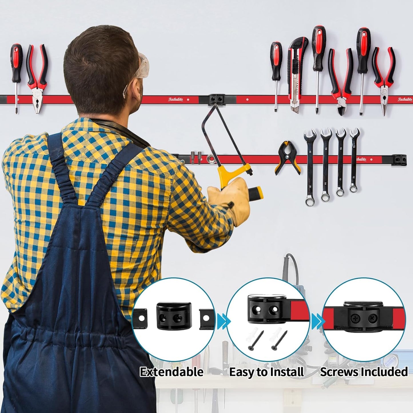 4 Pieces 24" Magnetic Tool Holder Strip, Red Magnet Bar, Metal Tool Organizer Rack for Garage Organization, Easy To Install in Workshop, Mounting Screws Included