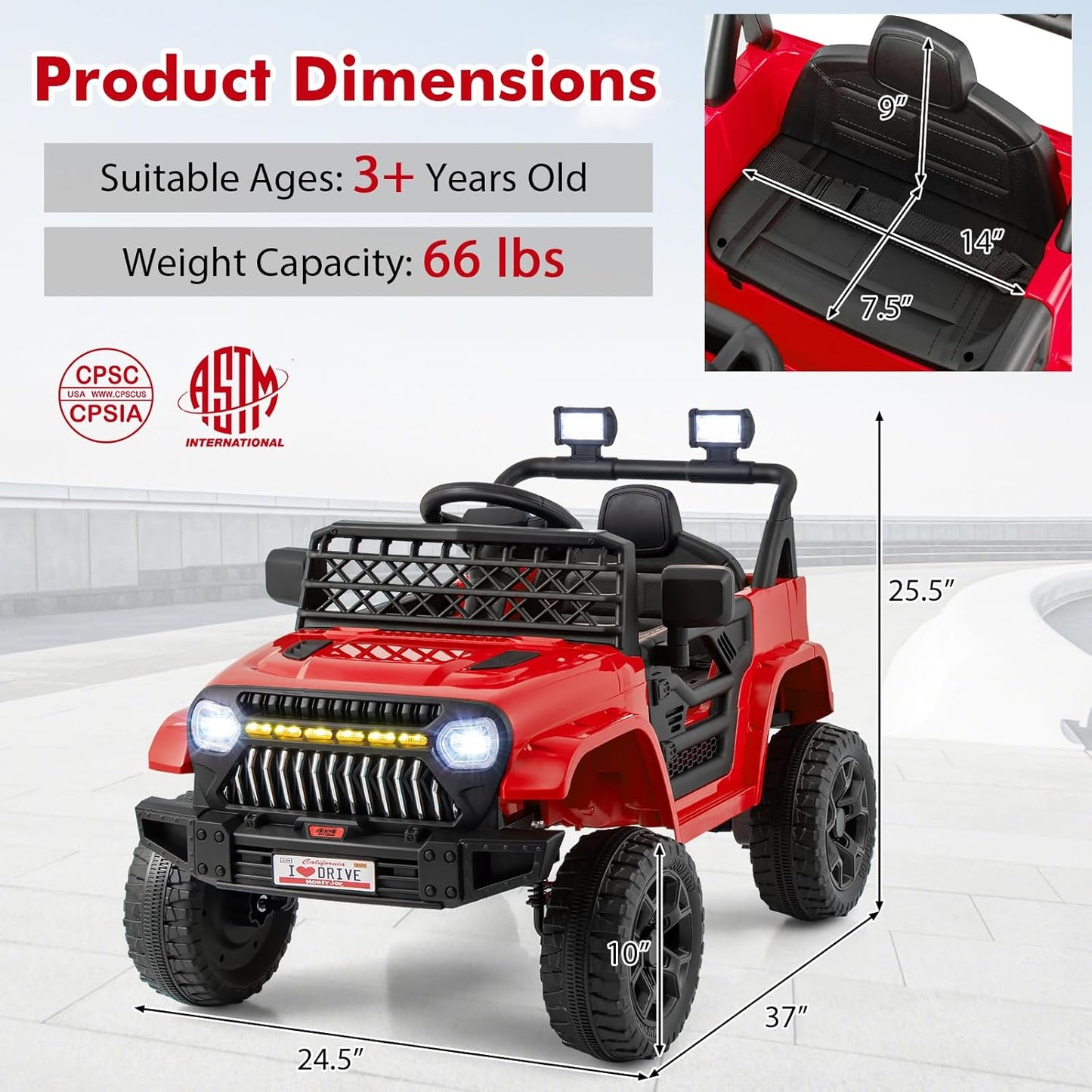 Costzon Kids Ride On Truck, 12V Battery Powered Electric Vehicles w/Remote Control, Spring Suspensions, 3 Speeds, Music, Lights, Wireless Connection, Ride on Car for Boys & Girls 3+ (Red)