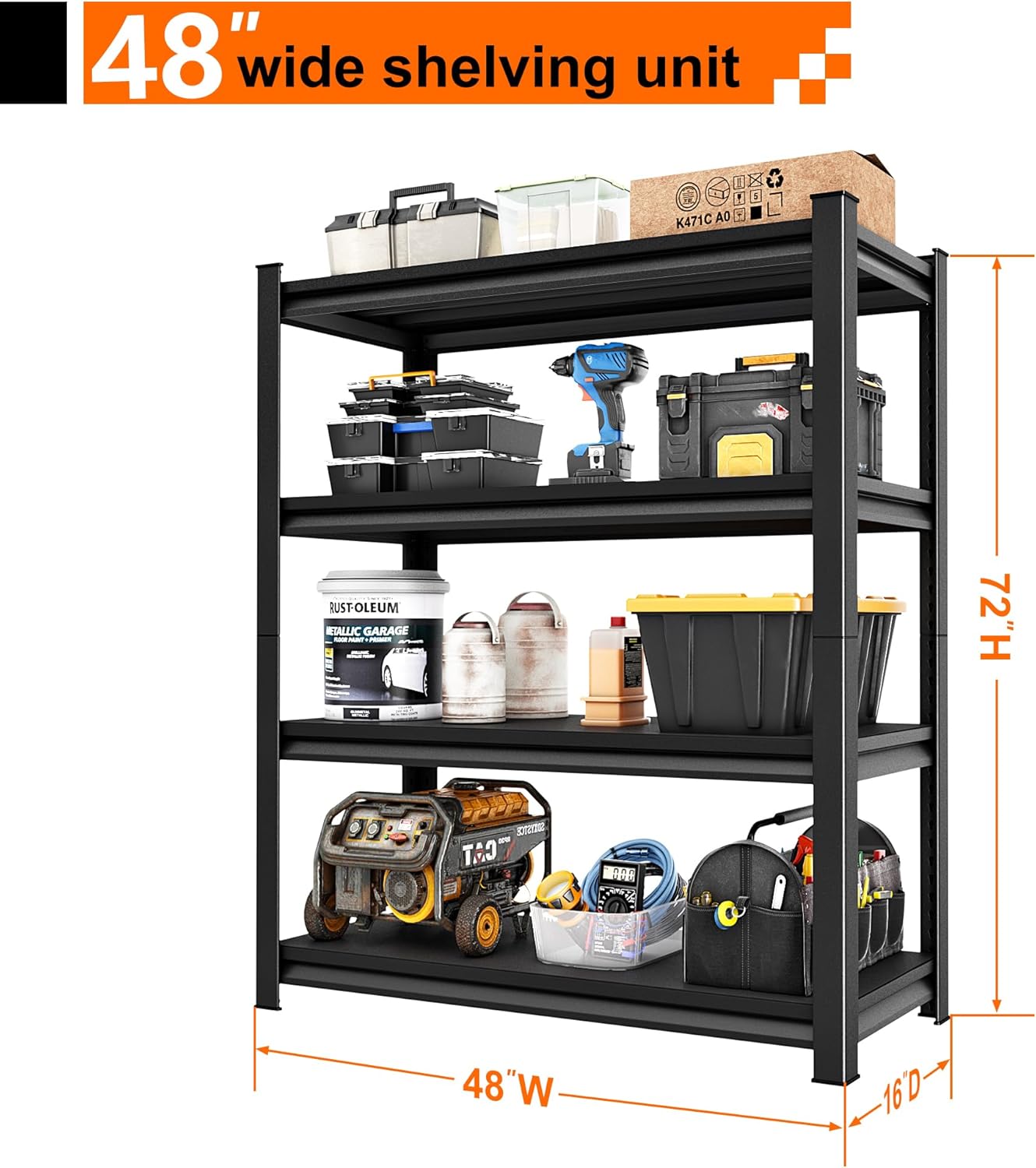 Garage Storage Shelves Heavy Duty, 48”W Garage Shelving and Storage Rack, 2200LBS Loads Shelving Units, Adjustable 4-Tier Metal Shelves for Garage, Warehouses, 48”W×16”D×63”H,Black