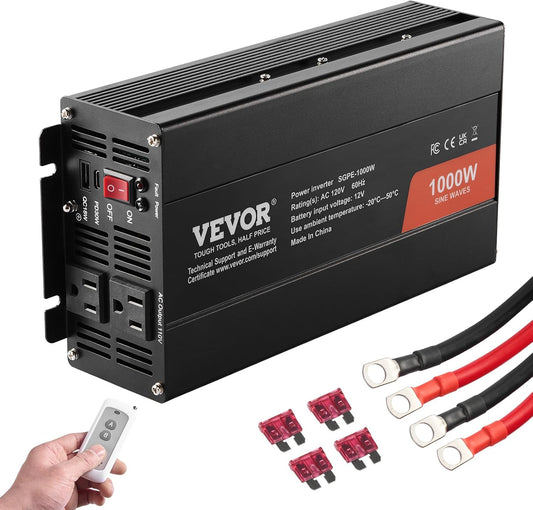 VEVOR 1000W Pure Sine Wave Inverter, DC 12V to AC 120V Power Inverter with 2 AC Outlets 1 USB Port 1 Type-C Port, Remote Control for Small Home Devices Like Smartphone Laptop, CE FCC Certified