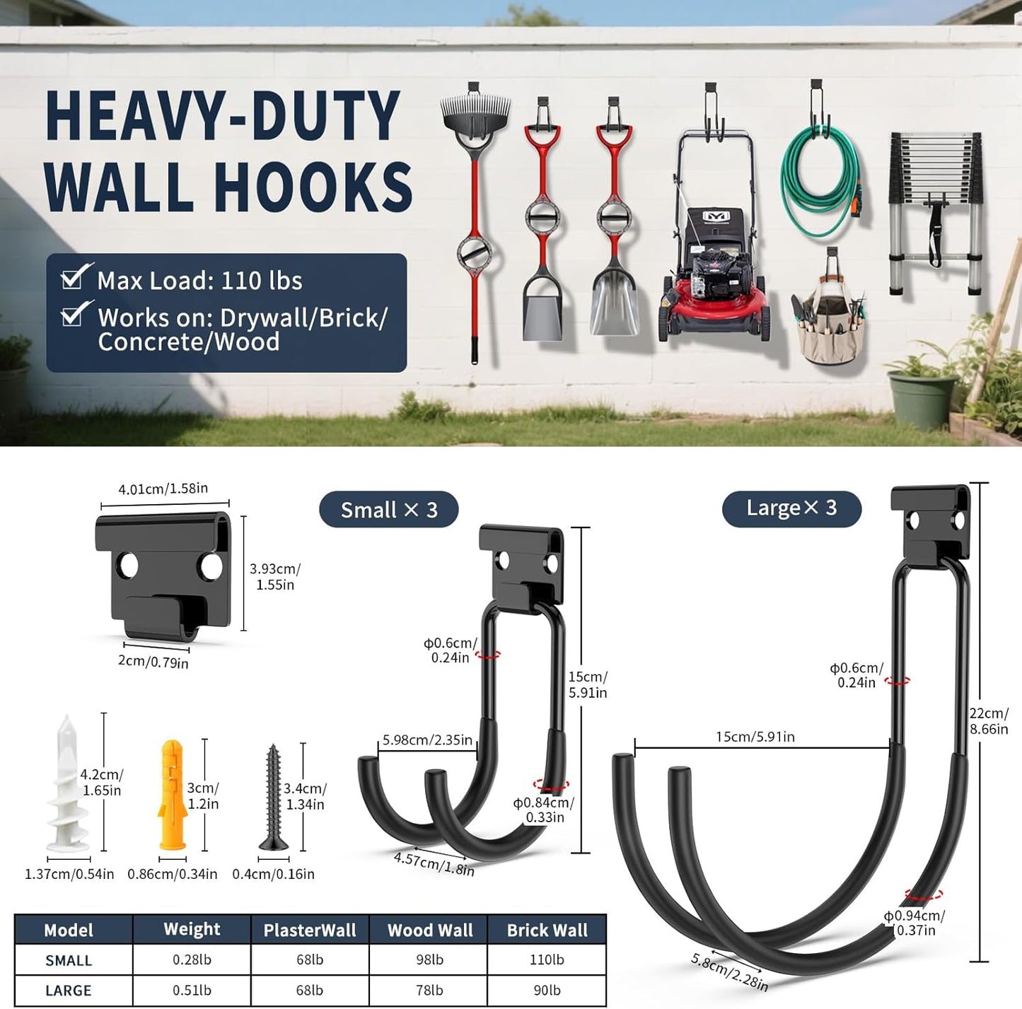 Garage Hooks Heavy Duty, 6pcs 68-110 LB Garage Organization and Storage Wall Hooks for Hanging Ladder/Bike/Power and Yard Tools/Hose, Utility Hook Tool Hangers for Garden/Shed/Apartment