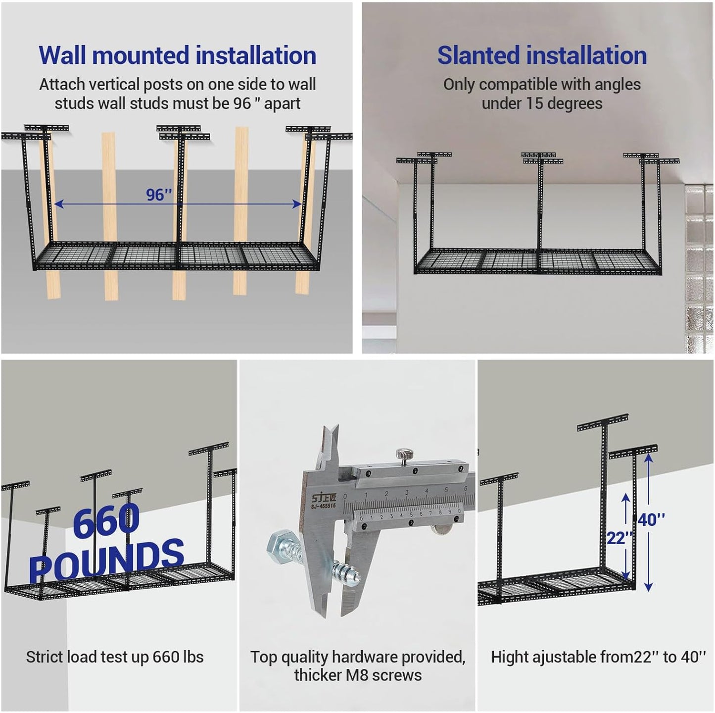 Overhead Garage Storage Rack 2x8 FT, Steel Ceiling Shelves 660lb Capacity, Height Adjustable 22-40 Inches, Space-Saving for Attic Basement Shed (Black, 6 Posts)