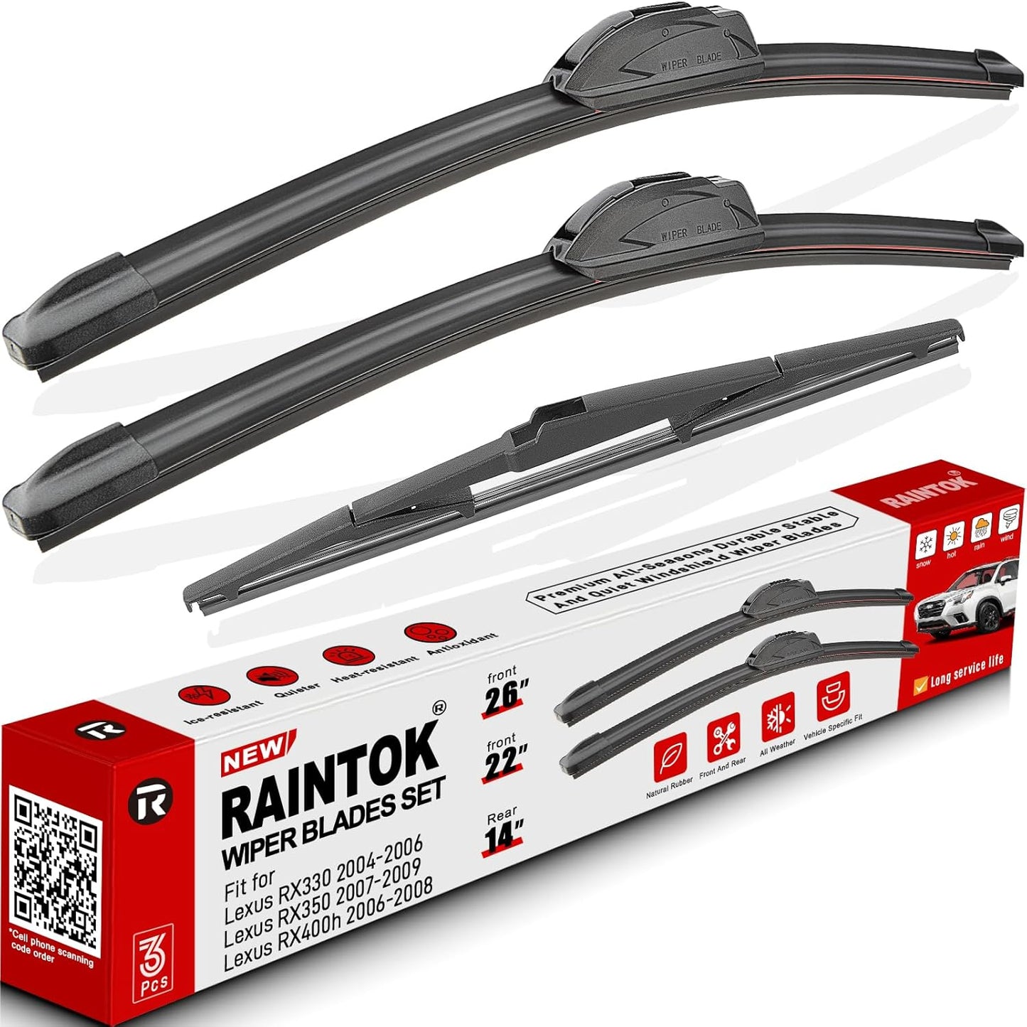 Windshield Wiper Blades Replacement for Lexus RX330 2004-2006, RX350 2007-2009, RX400h 2006-2008 - Front Rear Wipers Blade Set 26" 22" 14" (Pack of 3)