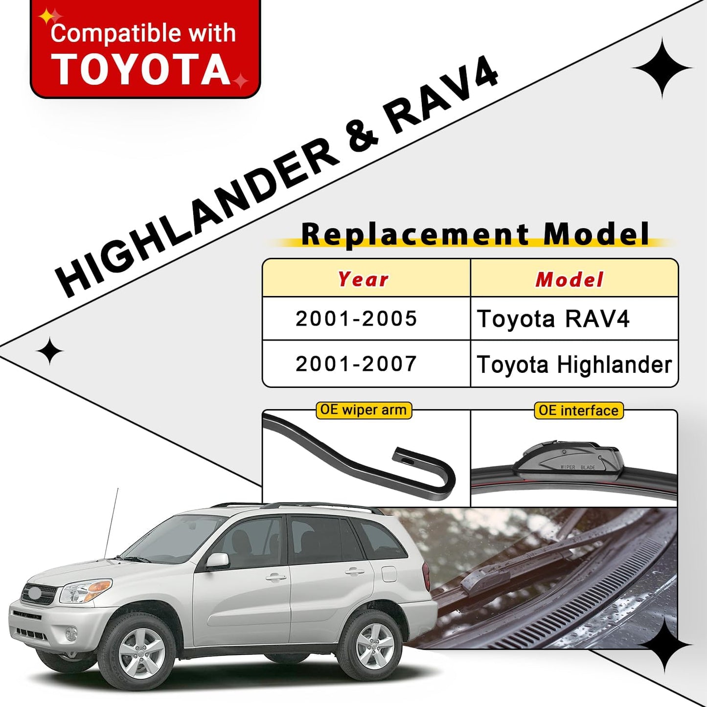 Windshield Wiper Blades Replacement for Toyota Highlander 2001-2007 / Toyota RAV4 2001-2005 Original Factory Quality Front Rear Wipers Blade Set for My Car - 22" 19" 12" (Pack of 3)