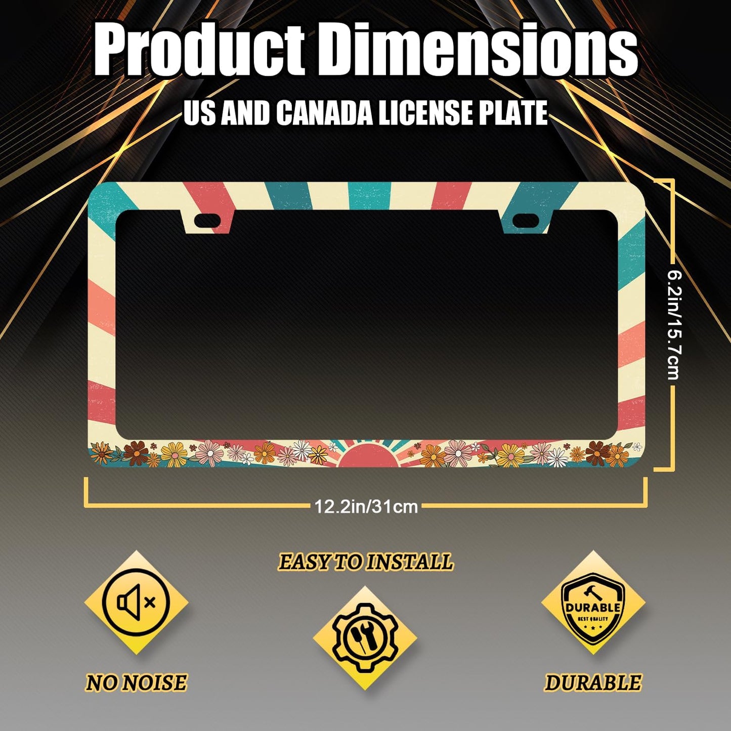 Retro Sun Boho Floral License Plate Frame Colorful Hippie Flowers License Plate Holder Funny License Plate Car Decoration Stainless Steel Car Accessory with Screws Men Women 12.3" x 6.3"