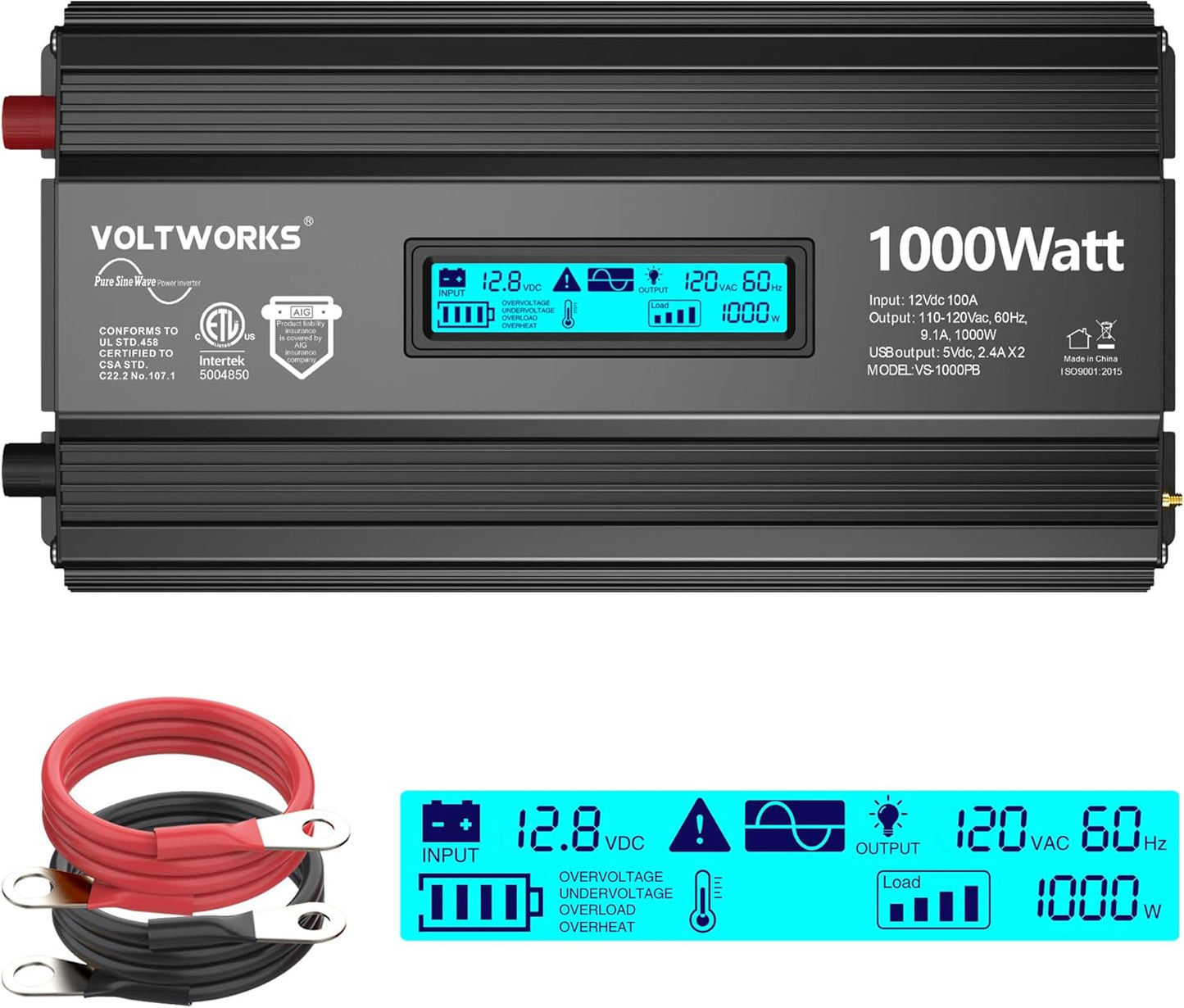 1000 Watt Pure Sine Wave Power Inverter ETL UL458 12V DC to 110V 120V AC 1000W for Home RV Truck Off-Grid Solar Compatible with Lithium Battery with LCD Display [3 Years Warranty] by VOLTWORKS