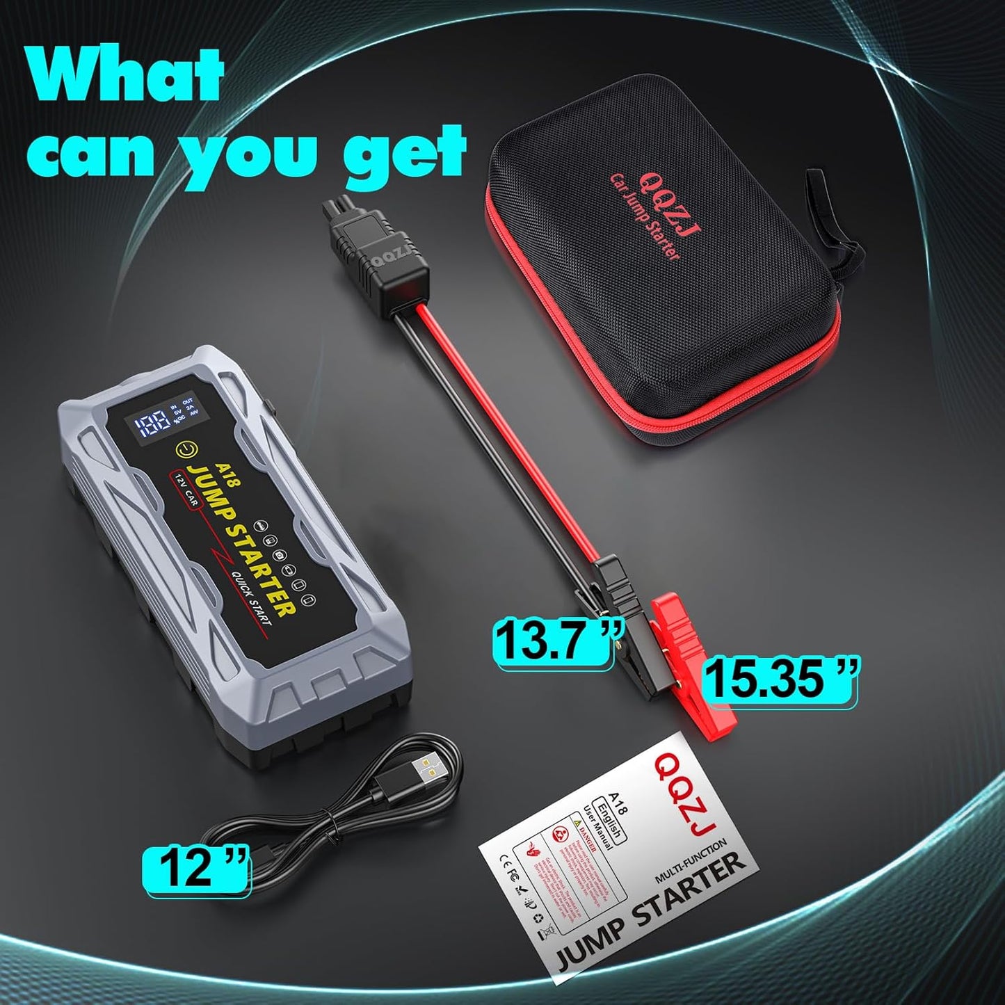 Car Jump Starter Portable 6000A Peak Battery Booster for up to 10.0L Gas/10L Diesel Engine,12V Lithium SuperSafe Jump Box, Jumper Starter Pack Charger Cable USB Quick Charge QC3.0 and Type-C Port