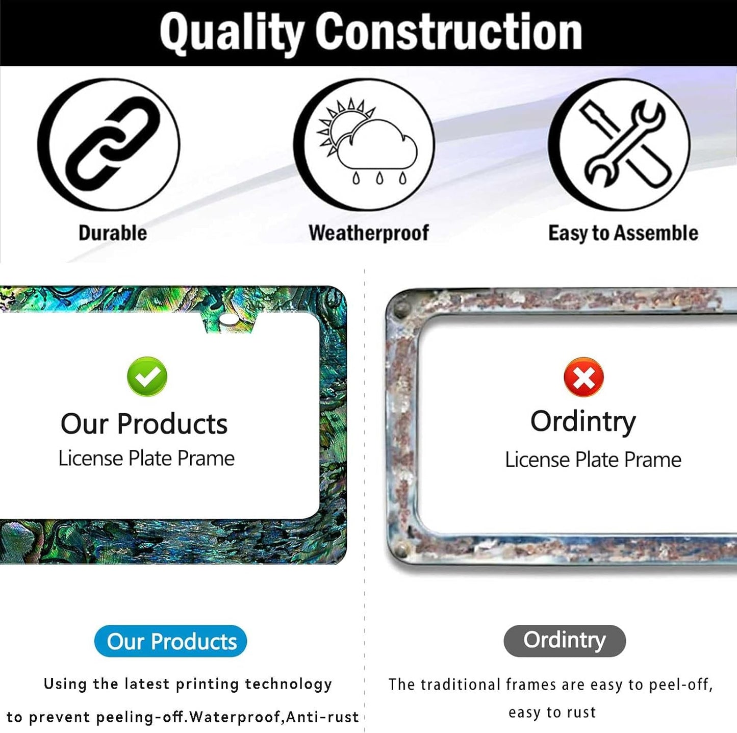 Universal License Plate Frame - Heavy Duty Rustproof Aluminum Matte Black Car Tag Holder Bracket Fits All US States, Easy Install with Screws Included (Faux Abalone-2pc)