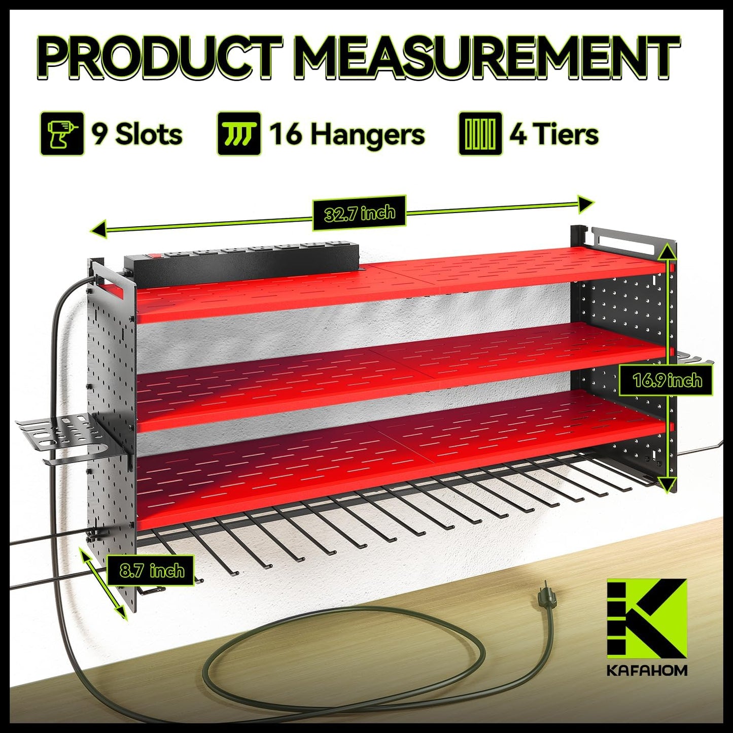 KAFAHOM Power Tool Organizer with Charging Station,9 Drill Holder Wall Mount,4 Layer Heavy Duty Metal Cordless Drill Storage for Garage Organization,Battery Tool Rack Built in 7 Outlet Power Strip Red