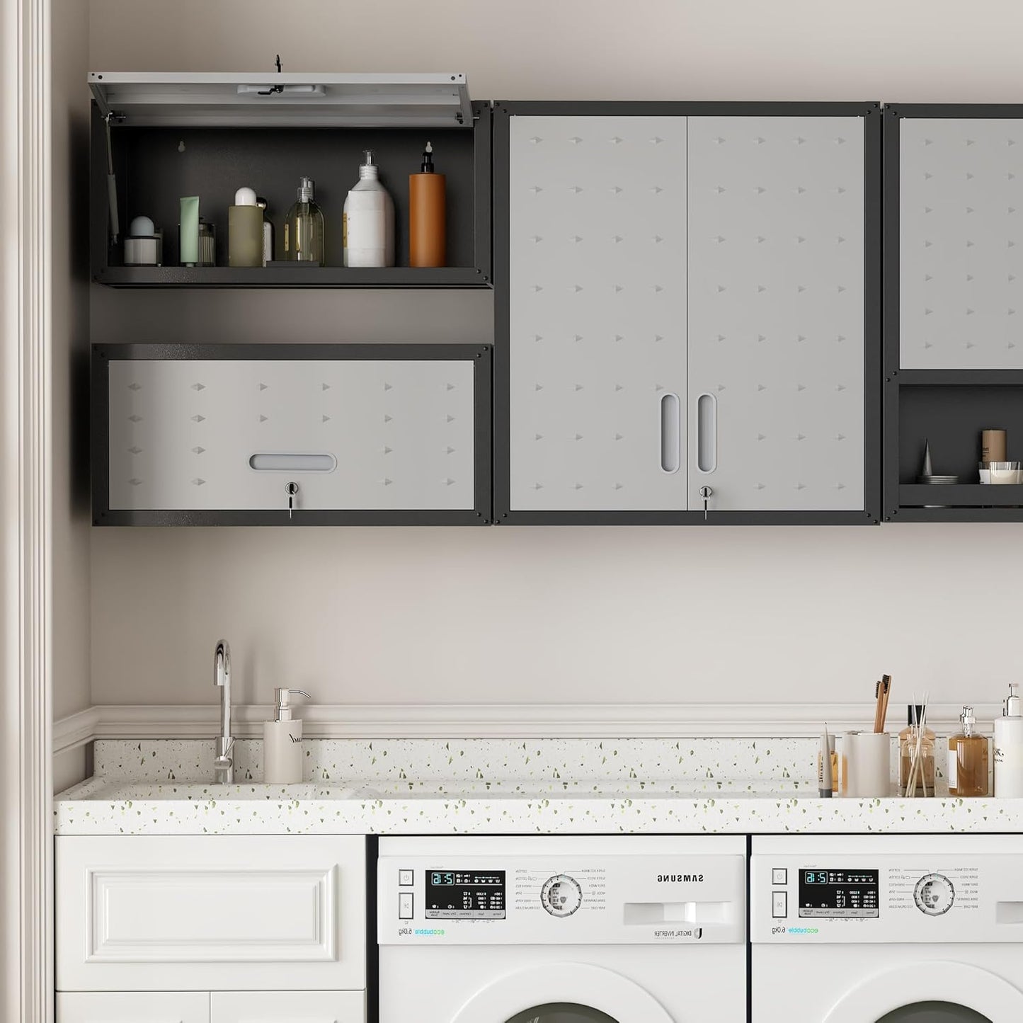 Metal Tool Cabinet,Garage Storage Cabinet System,Wall Cabinet & Locking Rolling Tool Cabinet with Doors and Adjustable Shelves,Steel Tool Cabinets for Home,Office (3 Pcs-StyleA, Black & Grey)