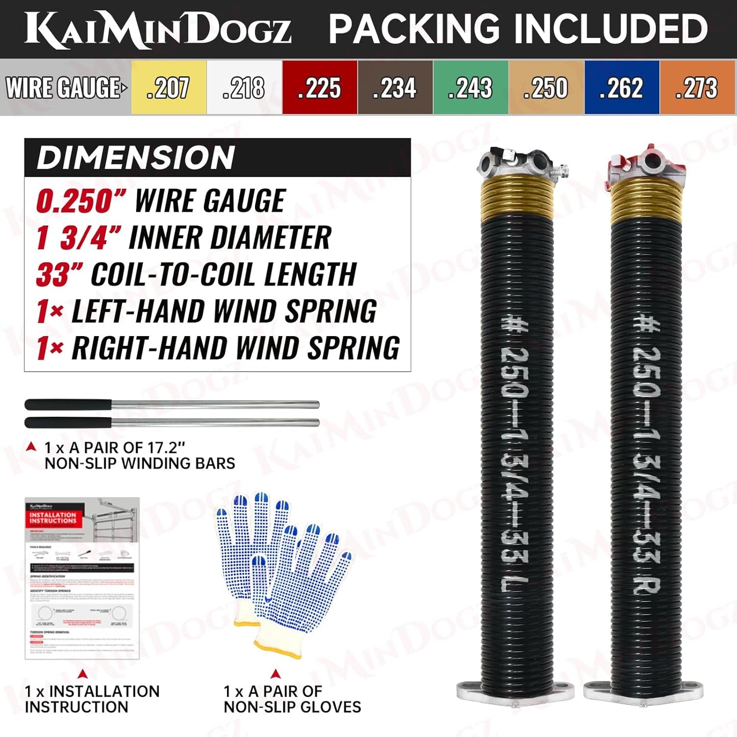 Pair of 1.75" Garage Door Torsion Springs Set with Non-Slip Winding Bars&Gloves, High Precision Electrophoresis Oil-Free Black Coated for Replacement, MIN 16,000 Cycles (0.250 x 1.75"x 33")