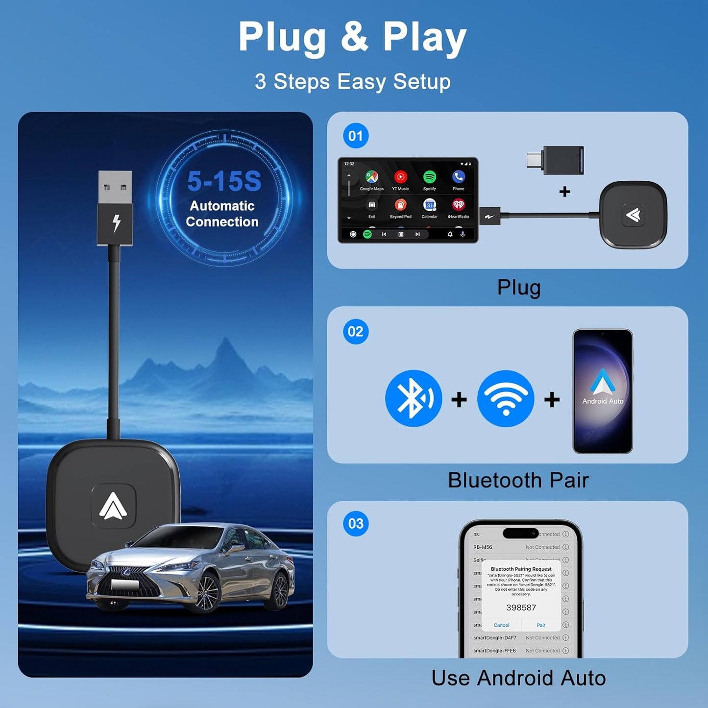 Android Auto Wireless Adapter Plug and Play Car Dongle for Factory Wired Android Auto in All Cars - Low Latency and Easy to Install
