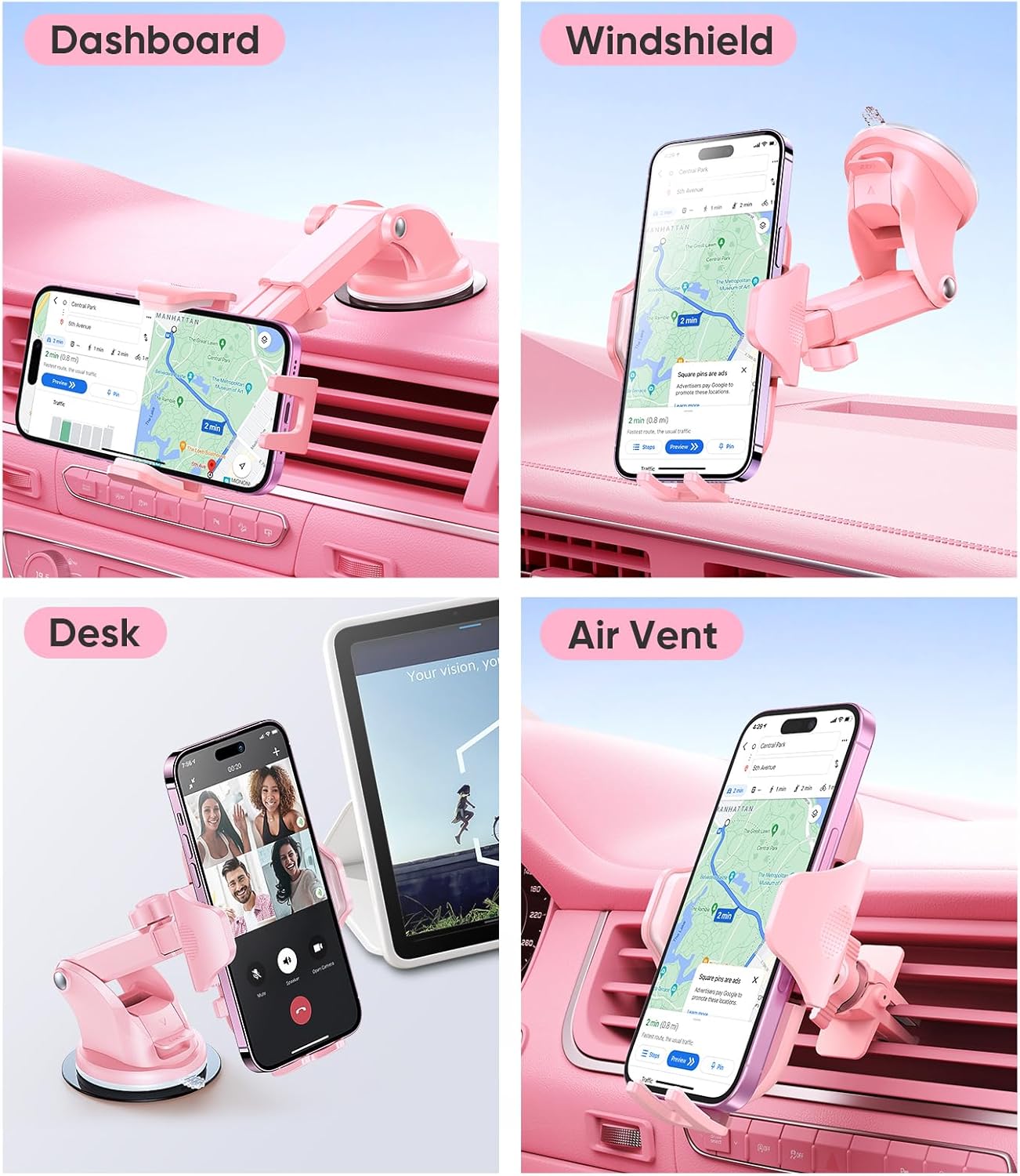 VICSEED Pink Phone Holders for Your Car, [True Military-Grade Strongest Suction Power], 3-in-1 Dashboard Windshield Vent, Truck Boat Stand Cell Phone Mount for iPhone Android All Phones