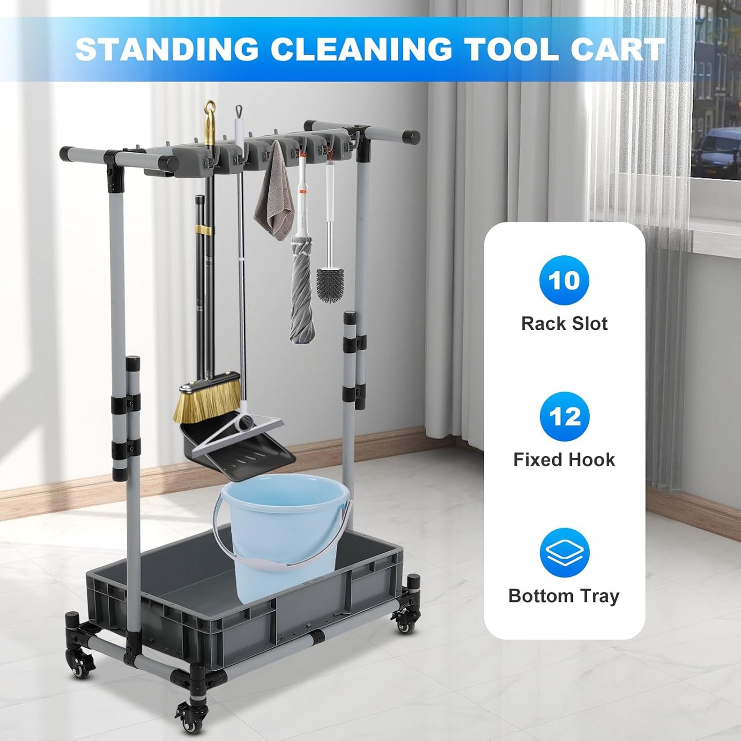 Broom and Mop Holder Freestanding Mobile Cleaning Tool Storage Rack,Floor Standing Cleaning Tool Cart Storage for Garden Garage Schools, Hospitals
