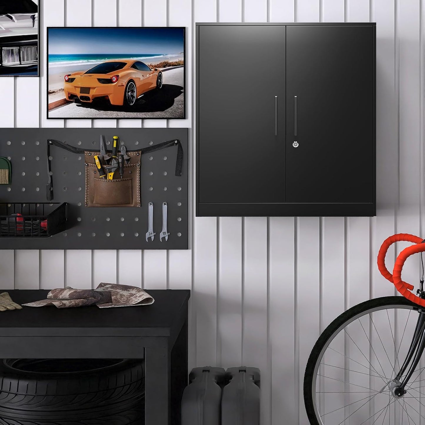 LUCYPAL Metal Storage Cabinets with 2 Doors and Handle,Steel Locking Storage Cabinet with Adjustable Shelves,Tool Cabinet for Office,Home, Garage (Black)