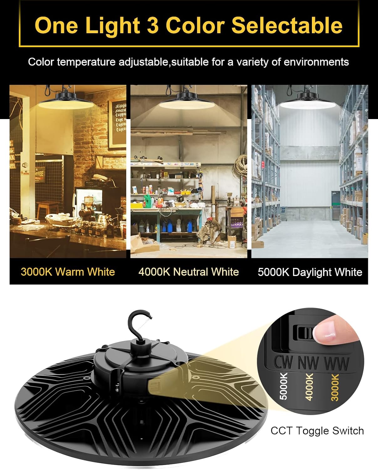 UFO LED High Bay Light, 150W/100W/80W Adjustable, 3000K/4000K/5000K, UL & DLC Listed 21000LM 0-10V Dimmable IP65 Waterproof High Bay Lights AC100-277V for Warehouse Factory(9 Pack)