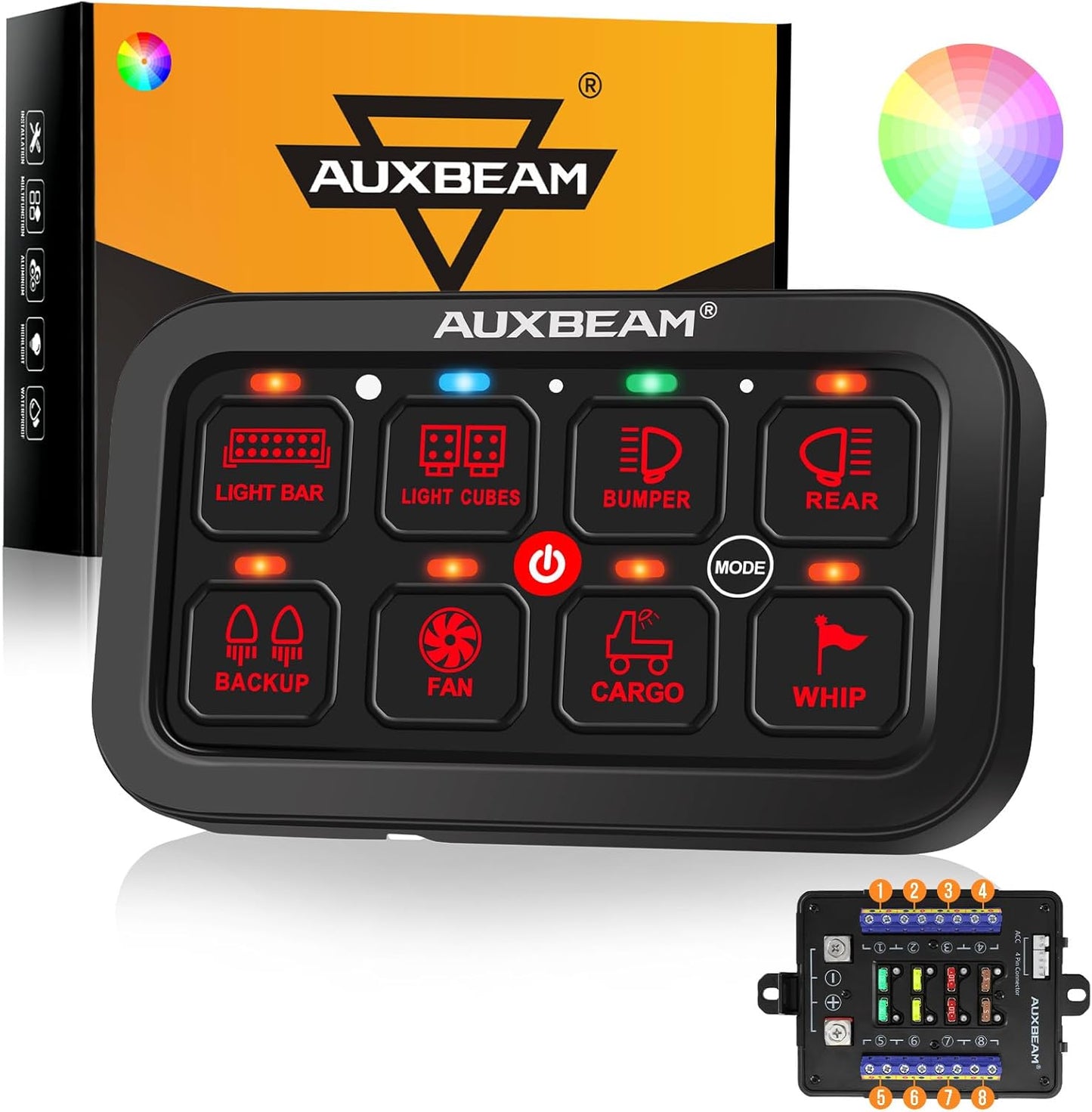 Auxbeam 8 Gang Switch Panel RB80 Toggle Momentary Pulsed RGB Dimmable Switch Panel Multifunction Panel Two Sided Output Marine Switch Panel IP65 Waterproof for Car Boat RV, 2 Years Warranty