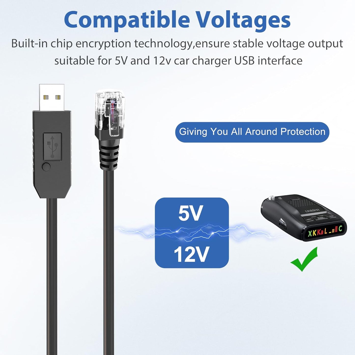 Radar Detector Cable, USB to RJ11 Plug Power Cord with Mute Function,Replacement Power Cable,for Escort Smart MAX 360 Passport Cobra 360 Unide R1/3/4/DFR8/9 Radenso XP etc Radar Detector.