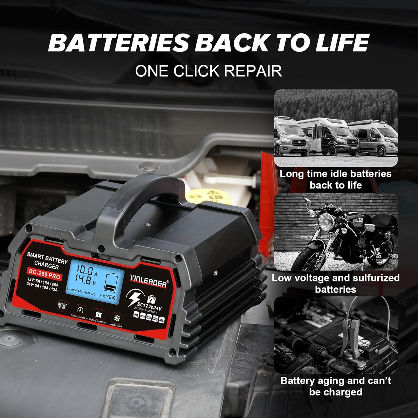 Battery Charger 25A, 12V/24V Lead Acid Smart Battery Charger, 12V LiFePO4 Car Battery Trickle Charger, Automatic Battery Maintainer for Car Motorcycle Lawn Mower Marine Boat Lead Acid Batteries