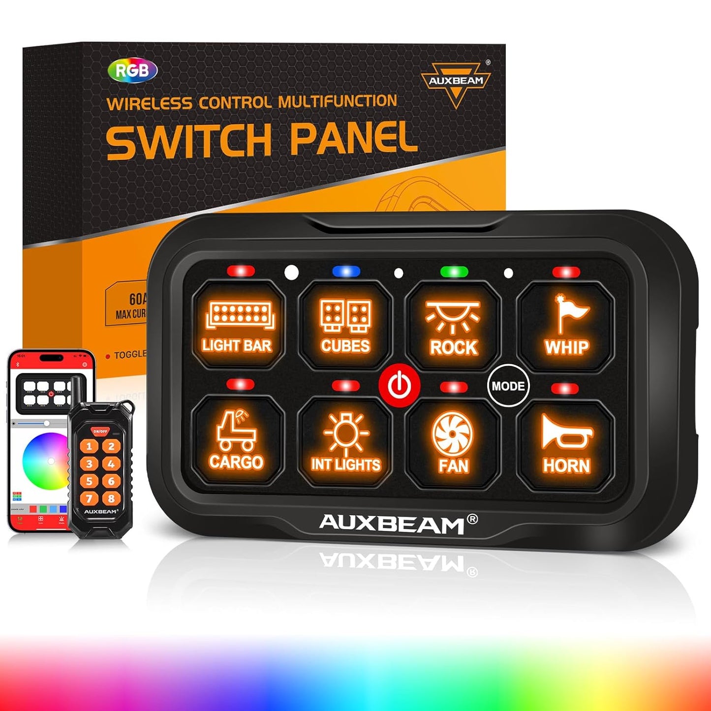 Auxbeam 8 Gang Switch Panel AC-800 Bluetooth RGB Switch Pod with Remote Control Backlit Off Toggle Momentary Pulsed 165FT Wireless Auxiliary Switch Panel for Truck Offroad Waterproof