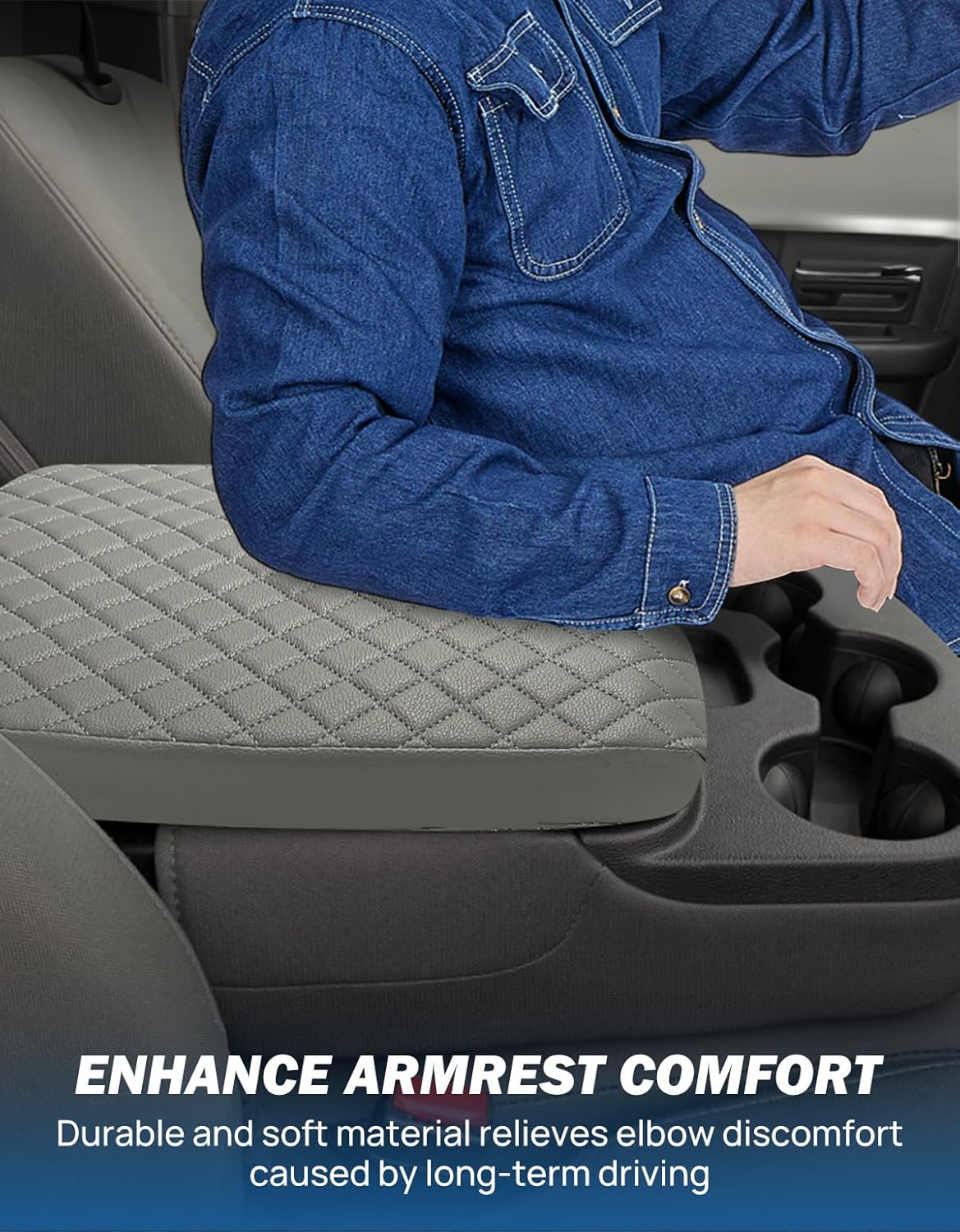 JOYTUTUS Center Console Cover Compatible with 2013-2018 Ram 1500 & 2013-2025 Ram 2500/3500/1500 Classic Model Jump Seat Console, Leather Arm Rest Covering for Car, Durable Middle Console Cover, Gray