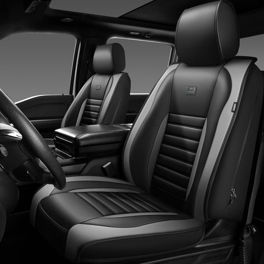 CAR PASS Nappa Leather Car Seat Covers Front Seats, Luxury Seat Protector for Cars, Waterproof Anti-Slip Seat Cushion Armrest Compatible Airbag Universal for SUV Pick-up Truck Automotive, Black Gray