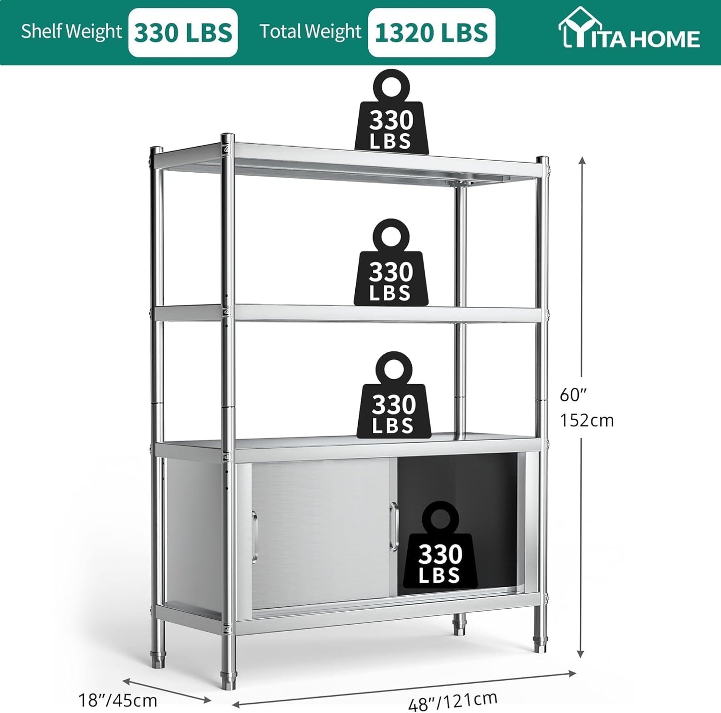 YITAHOME Stainless Steel Shelves 4 Tier, 48x18x60in Storage Shelf Unit with Cabinet, NSF Heavy Duty Floor Mount Shelving for Kitchen Garage Office Restaurant Warehouse, Indoor