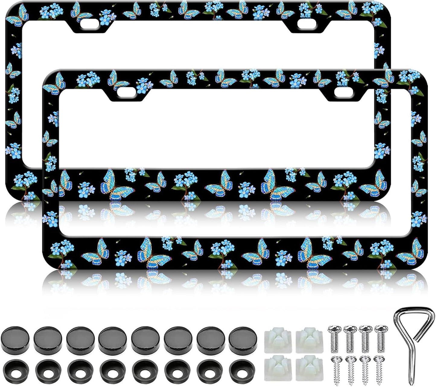 Blue Flower Butterfly License Plate Frames - 2 Pack Beautiful Butterfly Stainless Steel License Plate Holder,Rust-Proof Waterproof Car Decorative Tag Frame with Screws Fasteners Caps