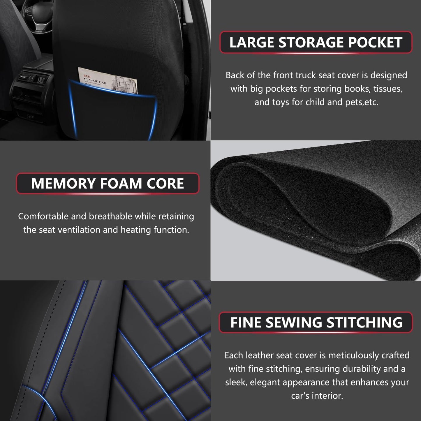 Chevy Chevrolet Silverado GMC Sierra Car Seat Covers Fit 2007-2023 2024 2025 1500/2500HD/3500HD (Black & Blue, Full Set)