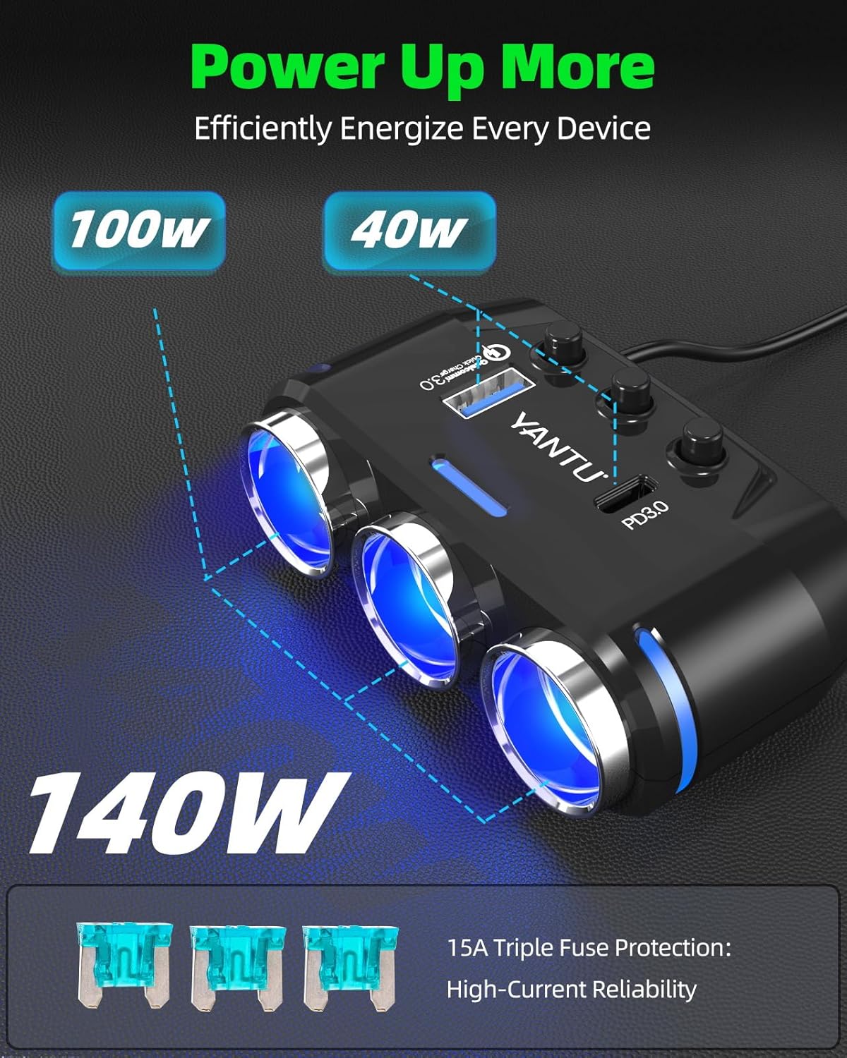 YANTU QC3.0&PD 40W Cigarette Lighter Adapter, 3-Socket 140W Car Cigarette Lighter Splitter with 12v Usb Outlet,Car Charger Adapter with Double/Dual/Usb C Charger Multi Port/Plug Outlet for Car Devices