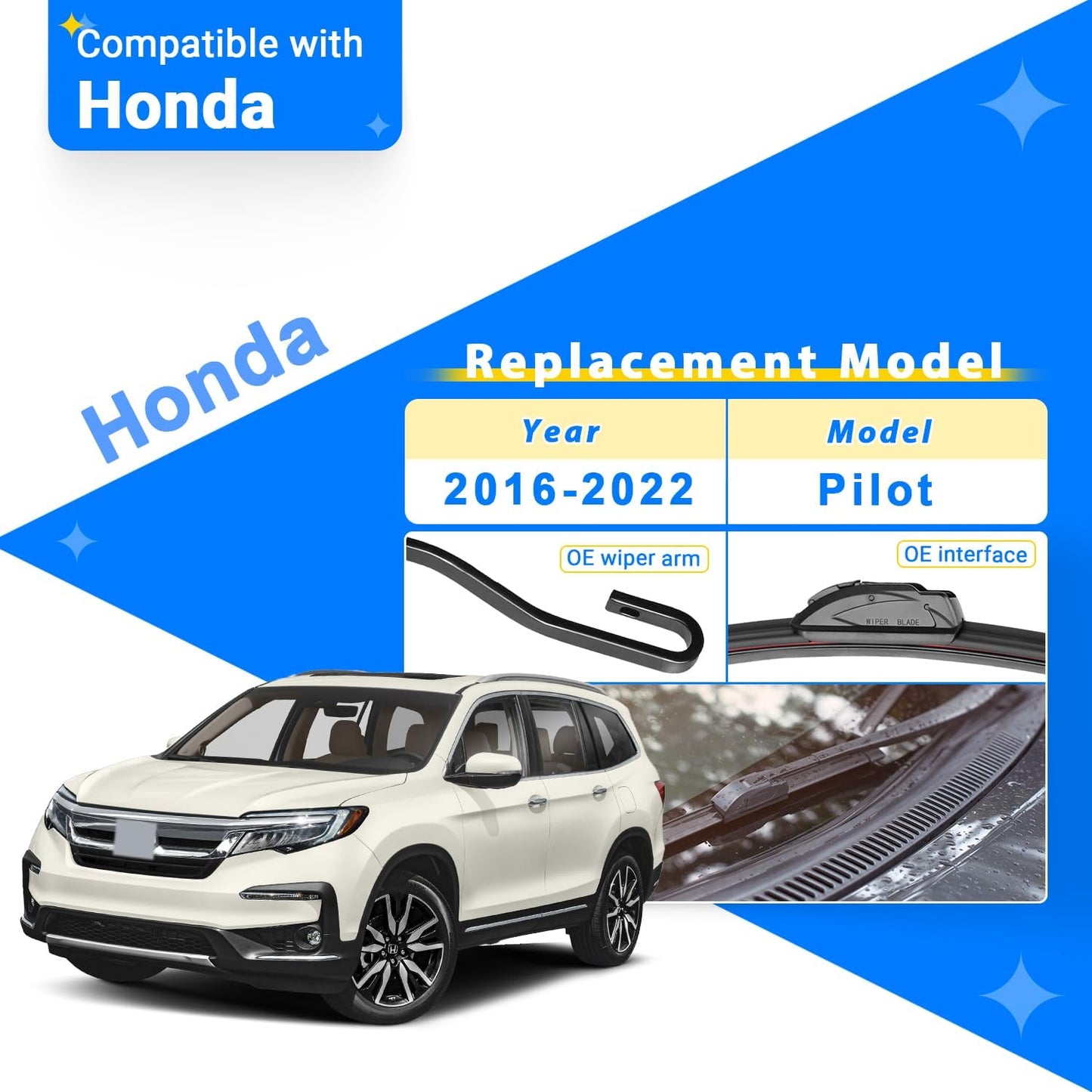 Windshield Wiper Blade Set Replacement for 2016-2022 Honda Pilot and Rear Windshield Wiper Blade-26"/24"/14" (Set of 3) U/J HOOK