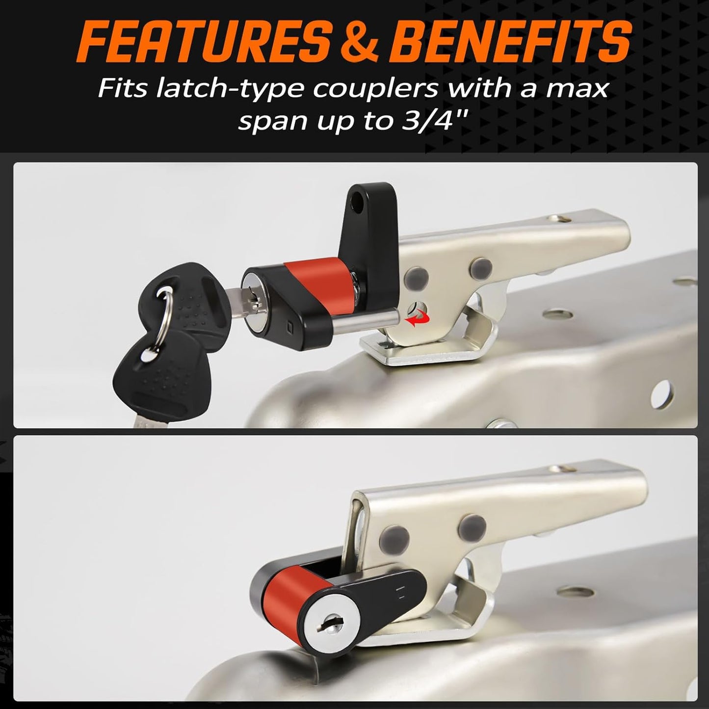 METOWARE Keyed Alike Trailer Coupler Lock, 1/4” Dia, 3/4” Span Heavy-Duty Steel Trailer Tongue Lock for Tow Boat RV Truck Car's Coupler with Anti-Rattle Rubber Rings (2 Pack)