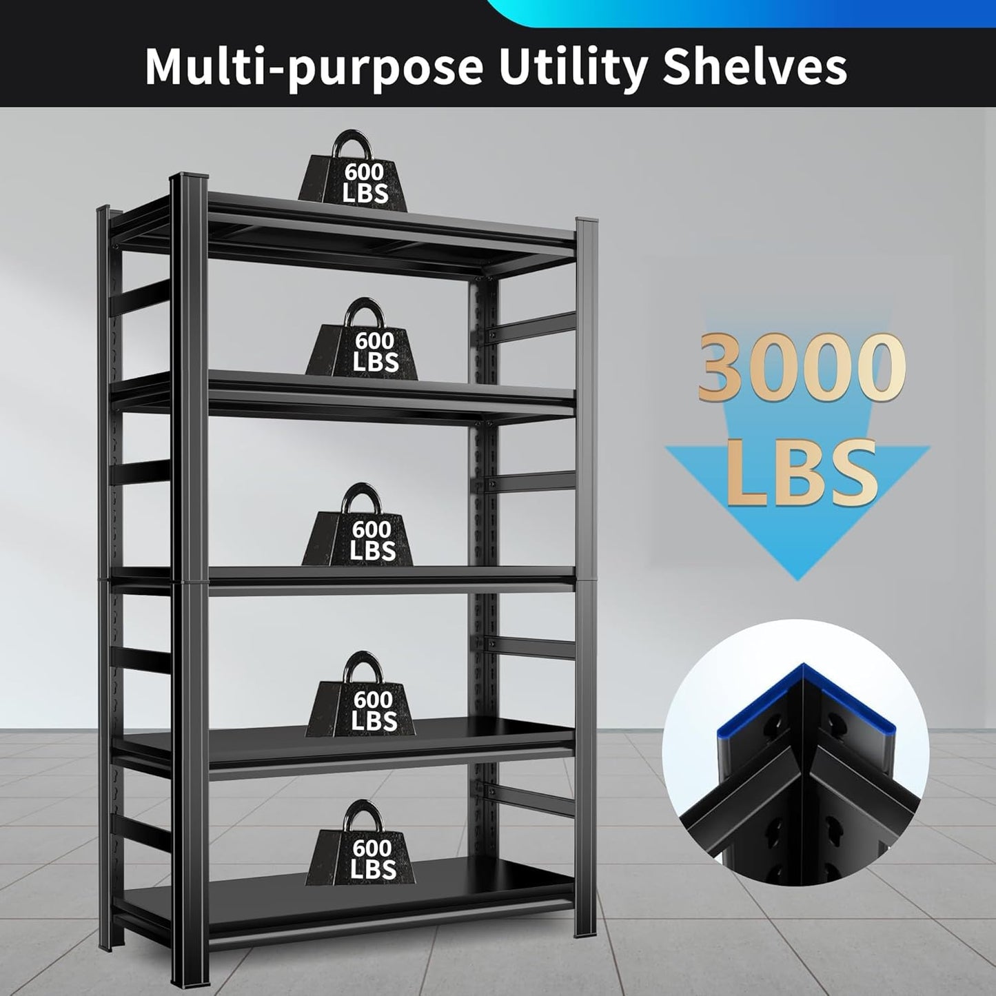 72" H Metal Garage Shelving Unit, 5-Tier Adjustable Garage Storage Shelves Heavy Duty,3000 LBS Metal Utility Rack Shelf for Industries, Warehouses, Basement,Black (72'H x 36''W x 16.1''D)