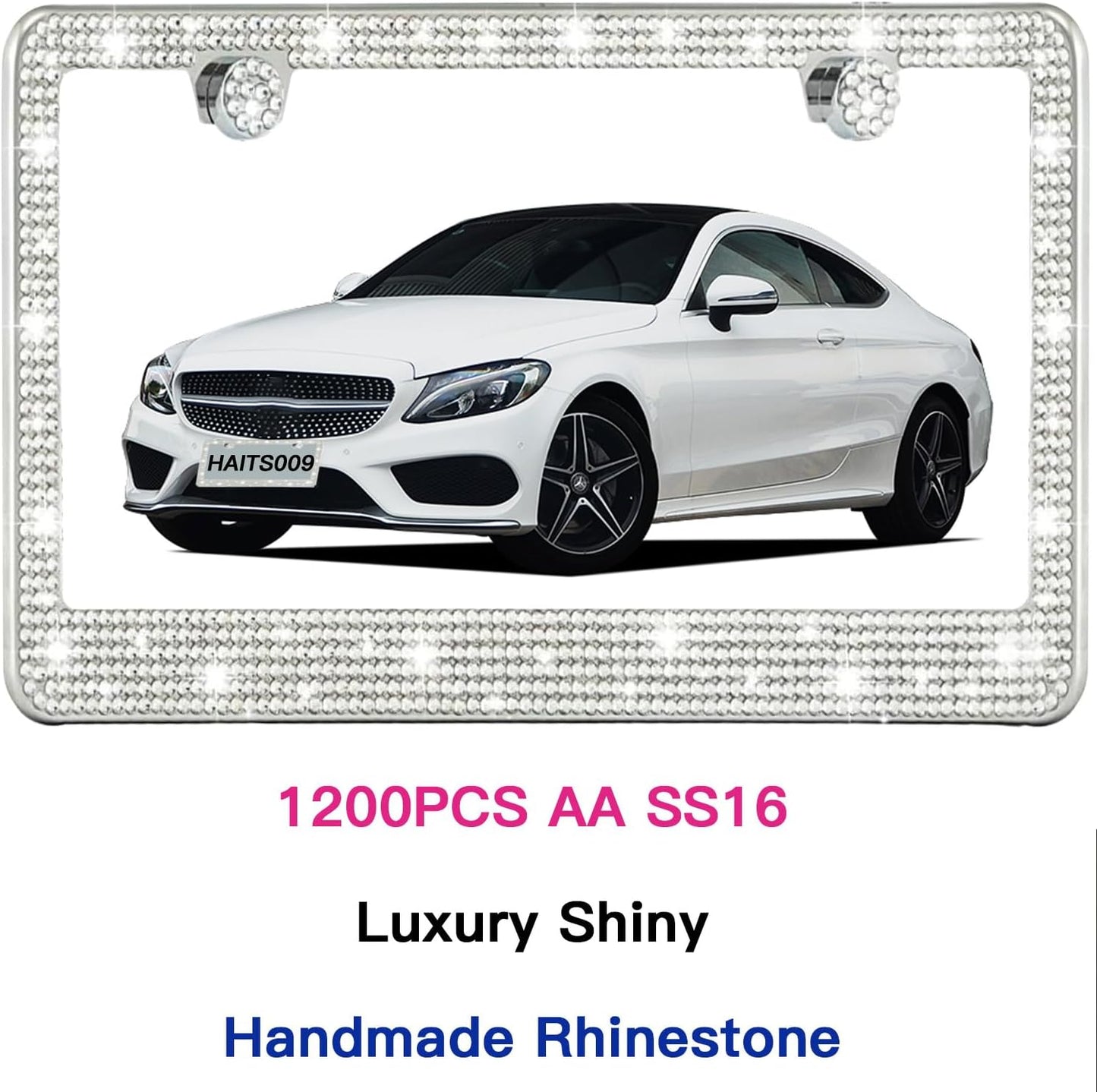 2 Pack License Plate Frames for Women, Sparkly Rhinestone Diamond Car Accessories with Glitter Crystal Caps (White (2PCS))