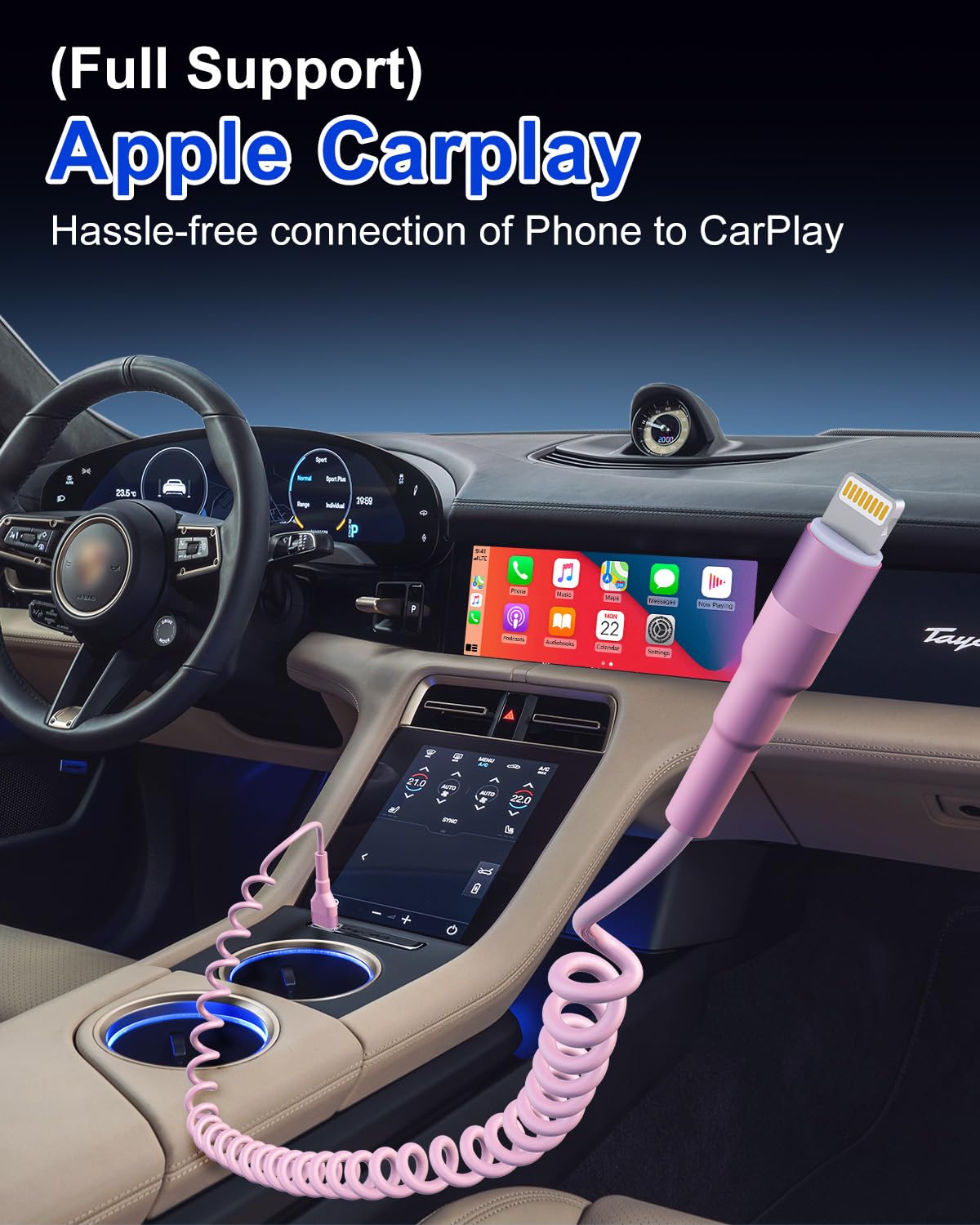 Pink Car Charger Cable - Coiled Lightning Cable for Apple CarPlay with 480Mbps Data Sync LED [MFi Certified], Fast Charging Short USB to Lightning Pink Retractable iPhone Charger Cord for Car