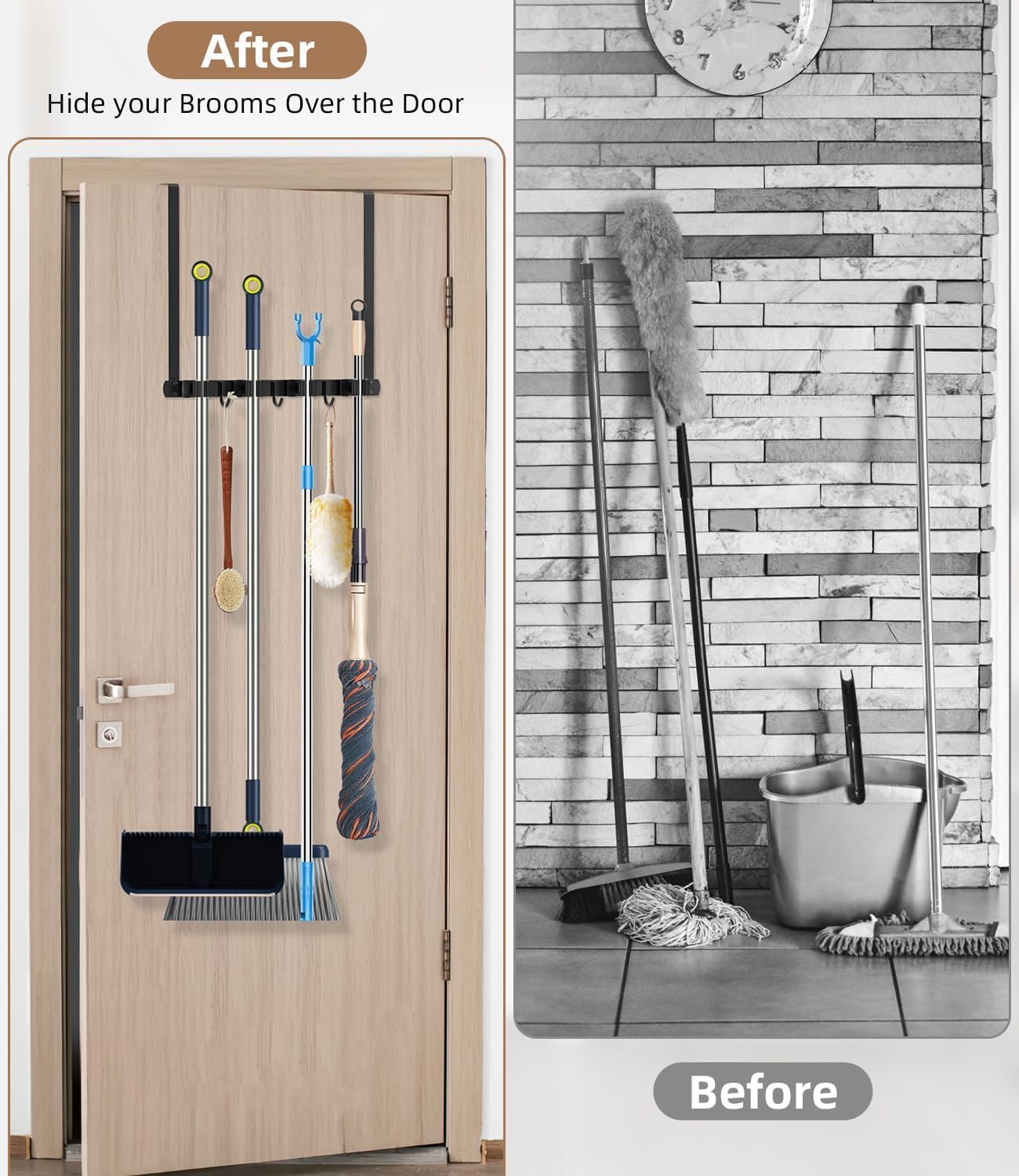 Broom Holder Over The Door 2Pack - 304 Stainless Steel Mop and Broom Hanger Wall Mounted or Hanging Over The Door with Hooks - Tool Organizer for Garage Closet Laundry Kitchen Decor