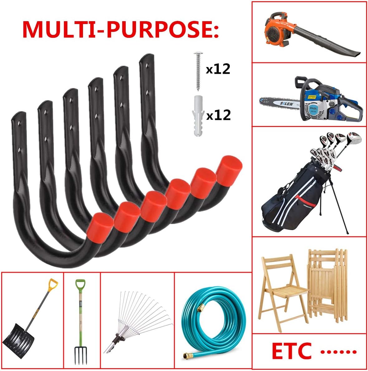 Heavy Duty Utility Garage Storage Hooks,Universal Wall Mount J Organizer Hangers for Hoses,Garden Tools,Cords,Cables,Toy Bag
