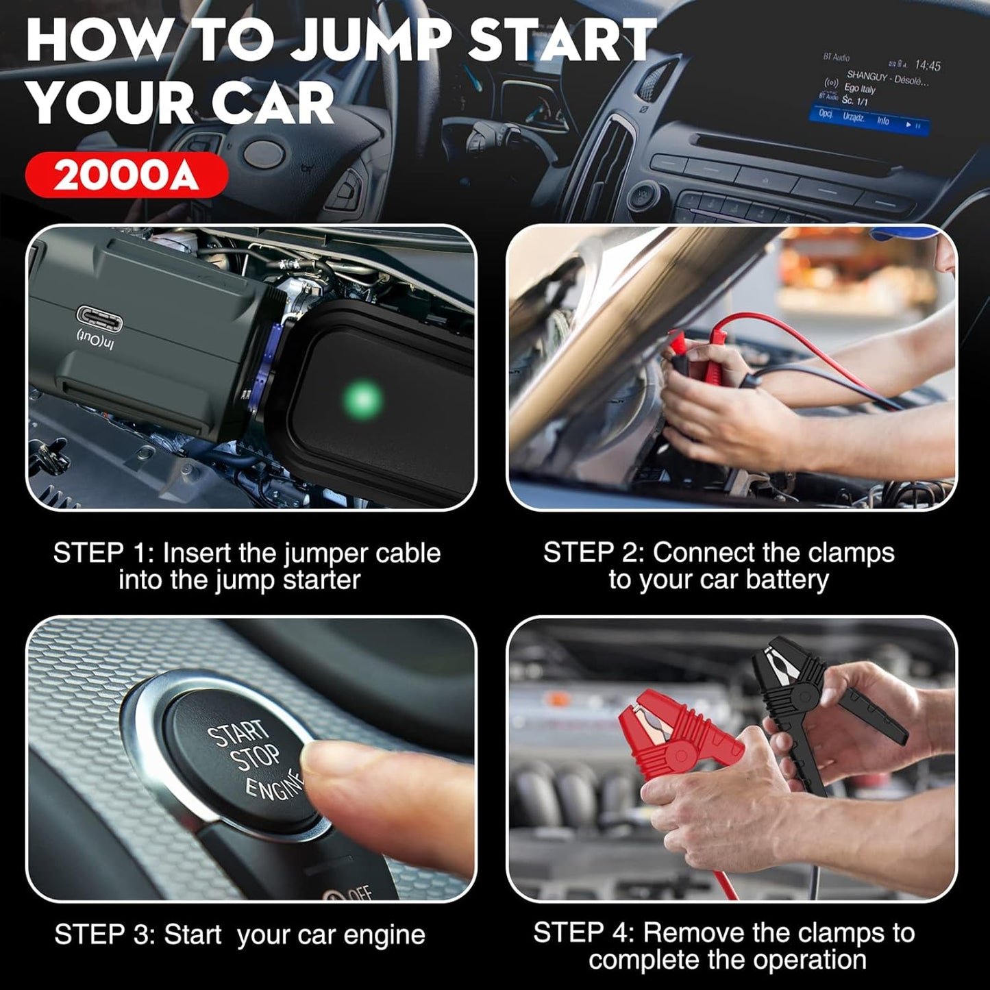 NEXPOW 2000A Peak Car Jump Starter with USB Quick Charge 3.0 (Up to 7.0L Gas or 6.5L Diesel Engine), 12V Portable Jump Box, Battery Booster with Built-in LED Light