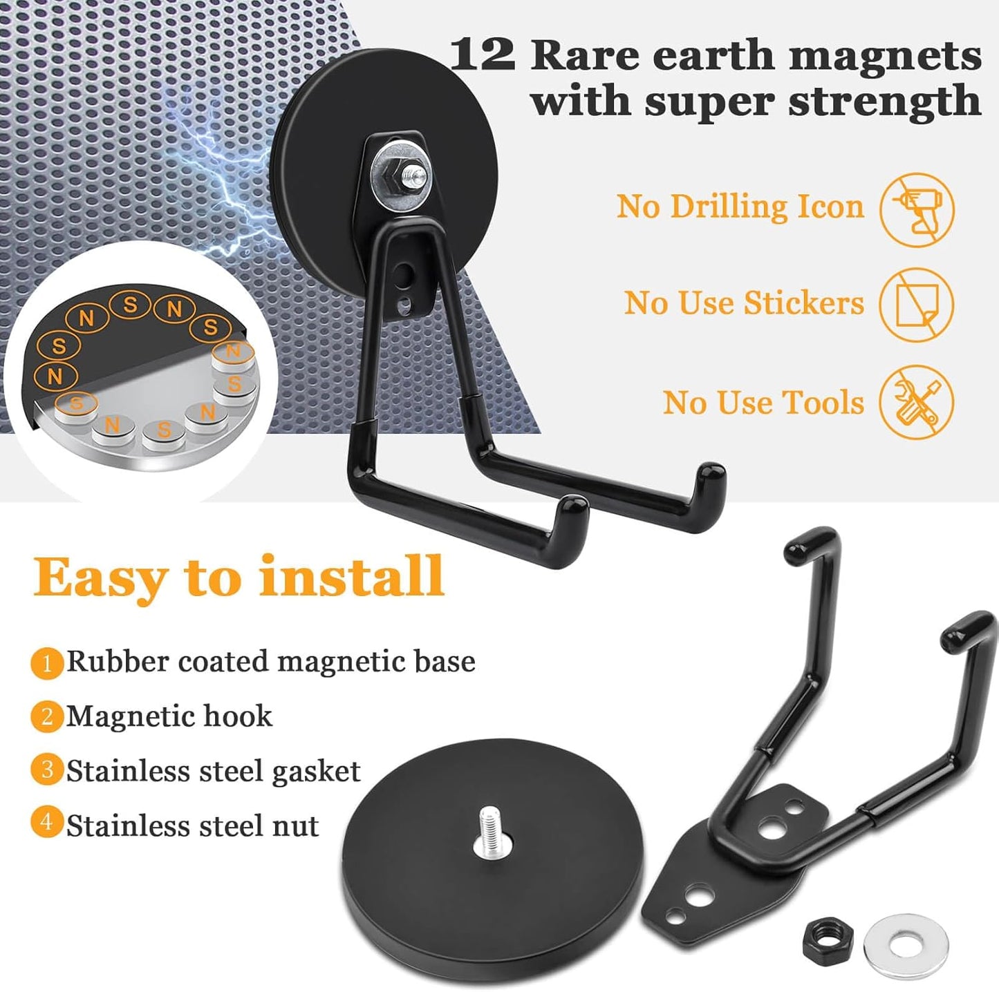 MIN CI 2 Pack Magnetic Hooks, 3.46" (88 mm) Heavy Duty, Black, Neodymium & Rubber, 35 lbs Max Weight, Industrial Style, Garage, Workshop, Kitchen, Pegboard, Metal Cabinets