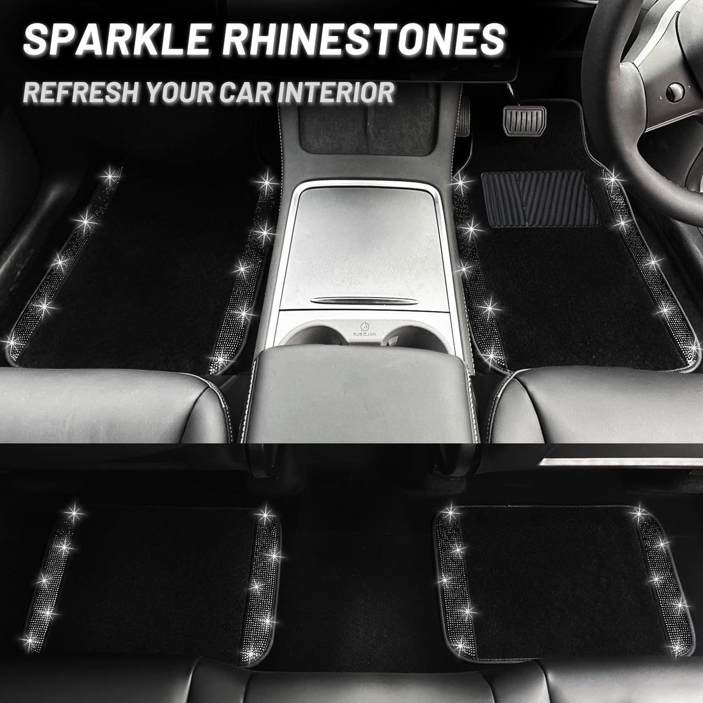 NBTEPEM Black Bling Car Floor Mats Full Set, Universal Fit Most Cars,SUV, Trucks, 4 pcs Sparkle Glitter Diamond Carpet for Women Girls with Anti-Slip Pad (Black Diamond)