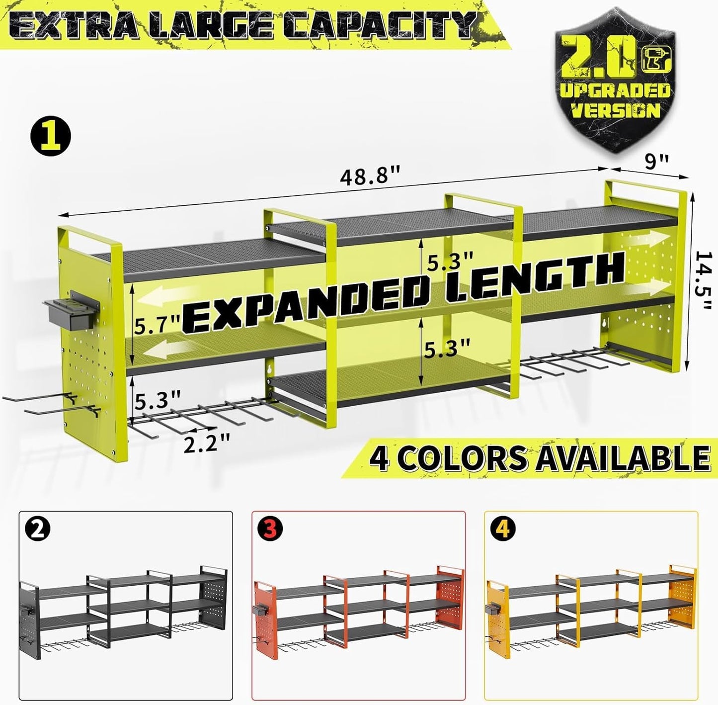 Power Tool Organizer with Charging Station Wall Mount, 3 Layer Expanded Heavy Duty Garage Organization, 48.8 Inch Length Garage Tool Storage, 4 Drill Slot, 16" Standard Hole, Green