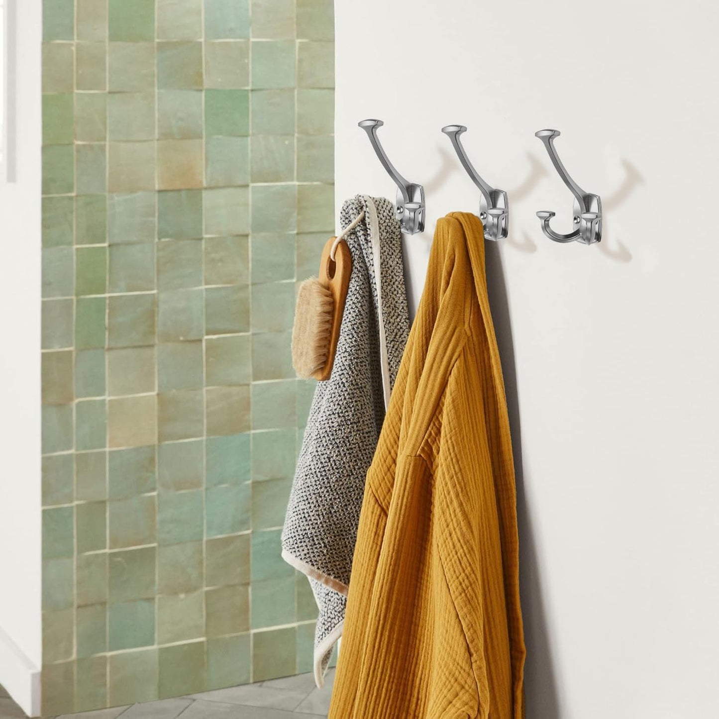 Large Wall Double-Sided Hook 2 Pack Brushed Satin Nickel Hook Decorative Heavy Duty Solid Large Coat Hooks for Towel Hanging Coats Robe Towel Bags Door Back 2 Prong Hooks