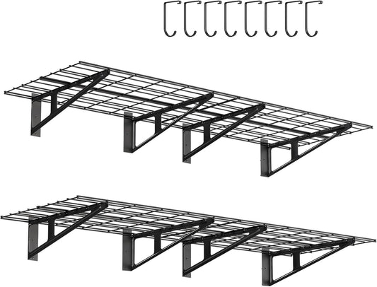 FAHKNS 2 x 6 ft Garage Wall Shelving, 2-Pack Garage Shelving Wall Mounted, 1200LBS Capacity Heavy Duty Metal Wire Shelves, Floating Long Shelf for Carport Shed Kitchen, Black