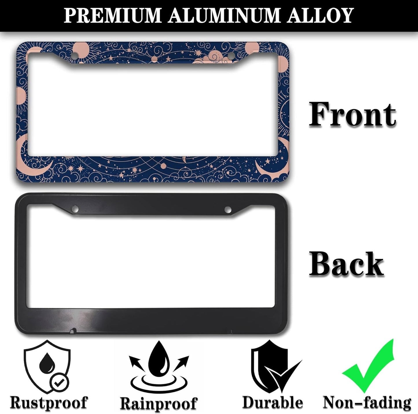 License Plate Frames for Women Blue License Plate Holder for Men Moon Sun Universal Aluminum Car Accessory 2 Pack with Screw Covers Set