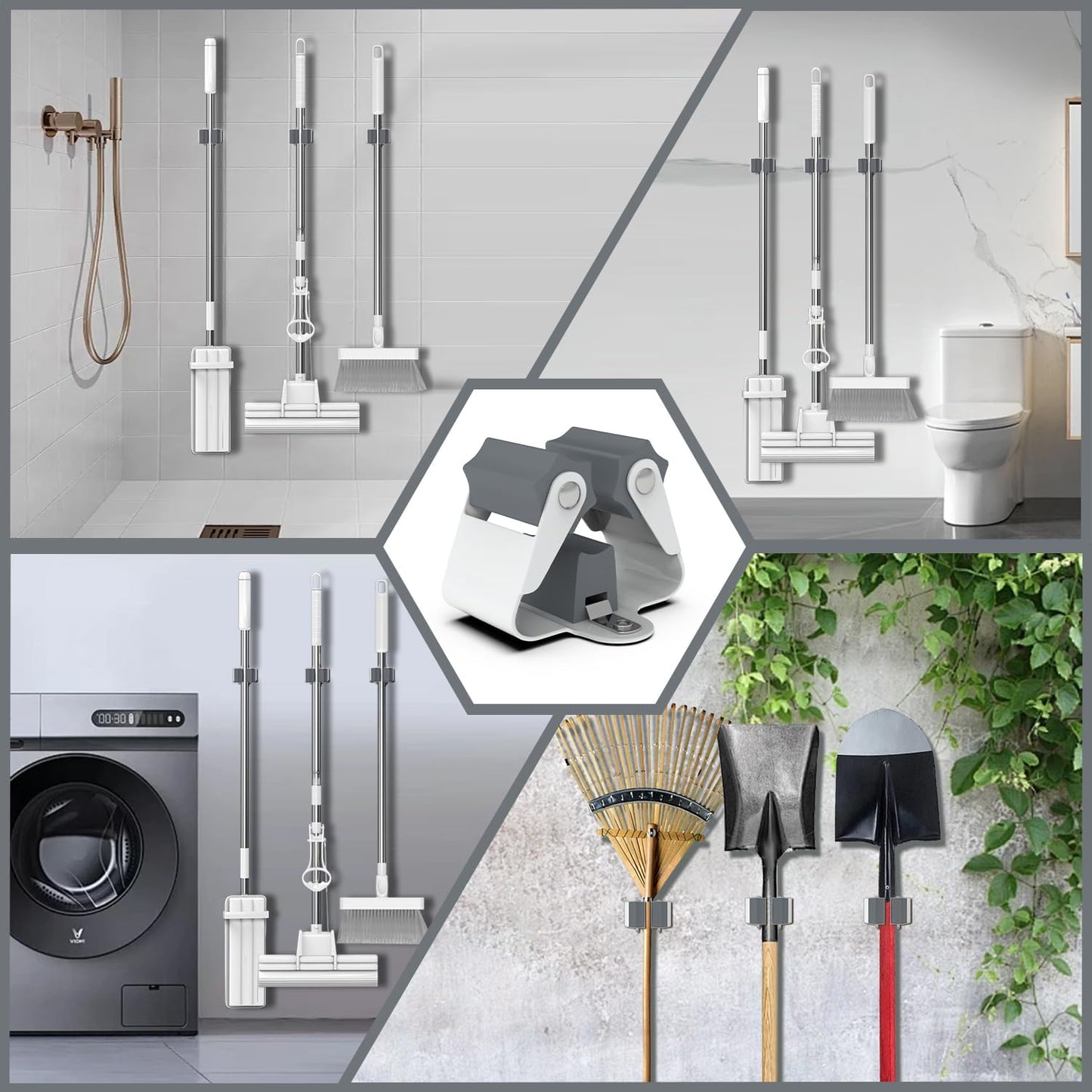 3-H Broom Holder Wall Mount 12 Pack, Mop and Broom Holder Wall Mount for Hanging and Organizing Shovel,Rake,Brush,Yard Tools in Laundry Room Garden Garage (grey)